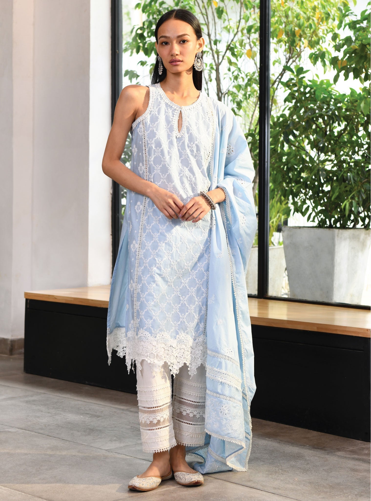 Mulmul Cotton Newry Blue Kurta With Multi Lace Slim White Pant