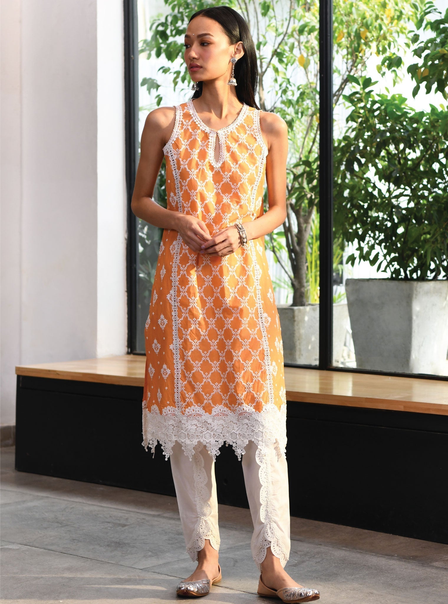 Mulmul Cotton Newry Orange Kurta With Border White Dhoti Pant