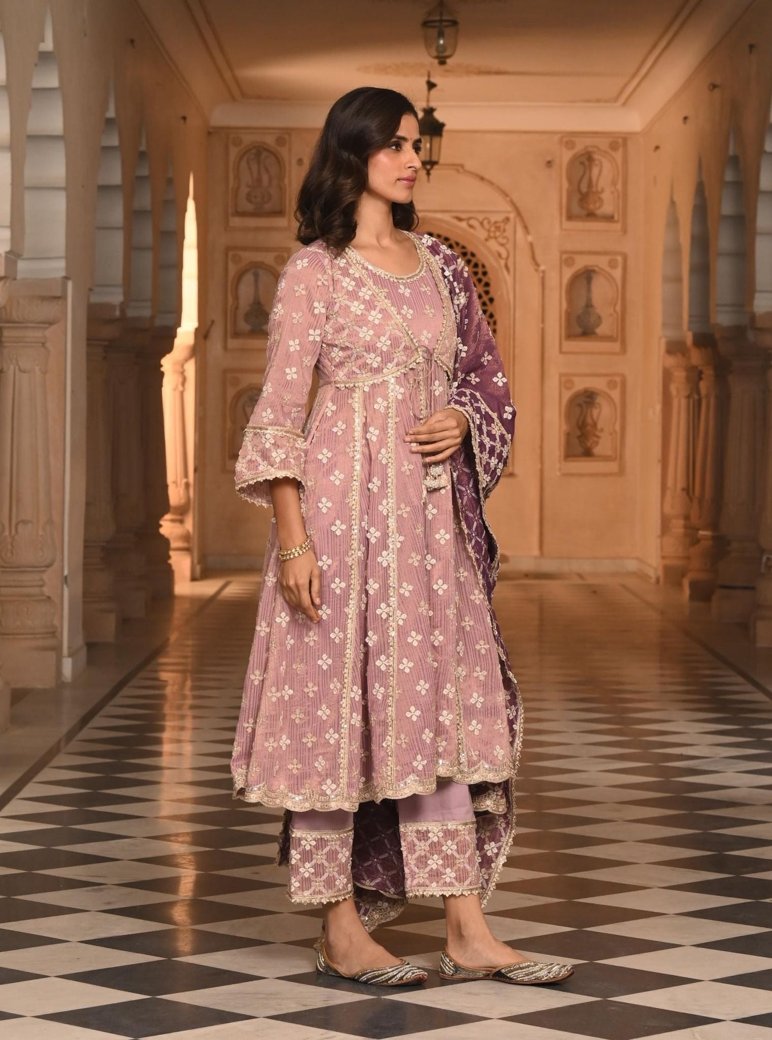 Mulmul Banarsi Bhumbro Lilac Anarkali Kurta With Mulmul Pima Satin Bhumbro Lilac Pant