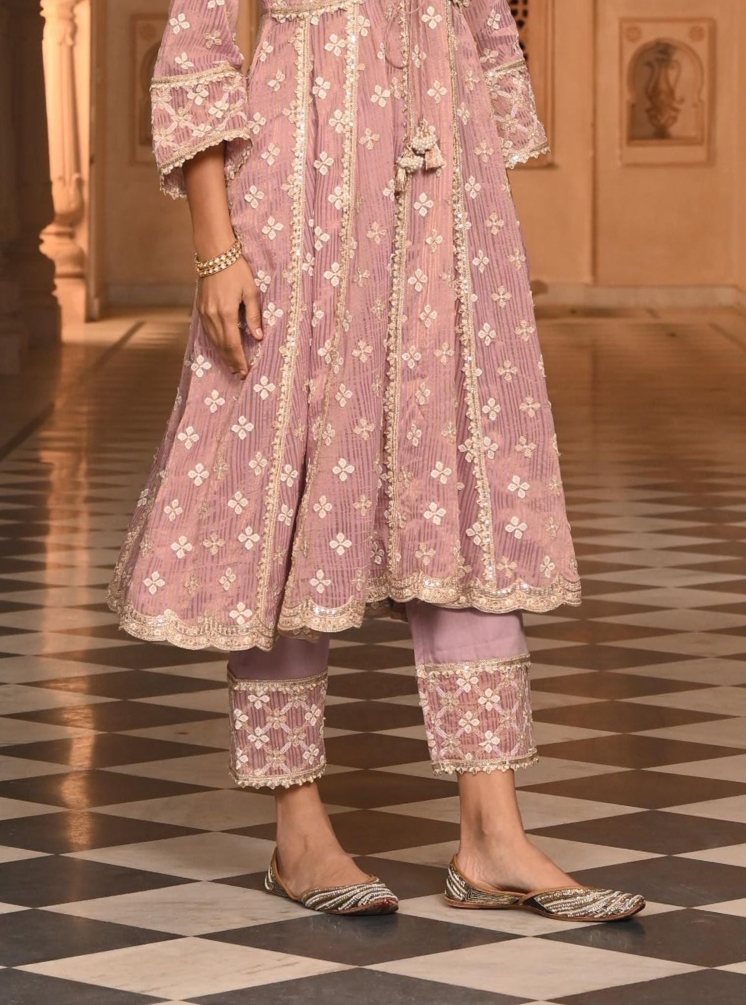 Mulmul Banarsi Bhumbro Lilac Anarkali Kurta With Mulmul Pima Satin Bhumbro Lilac Pant