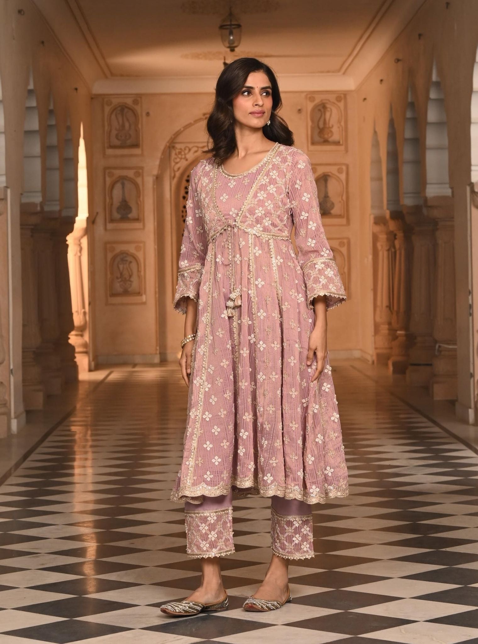 Mulmul Banarsi Bhumbro Lilac Anarkali Kurta With Mulmul Pima Satin Bhumbro Lilac Pant