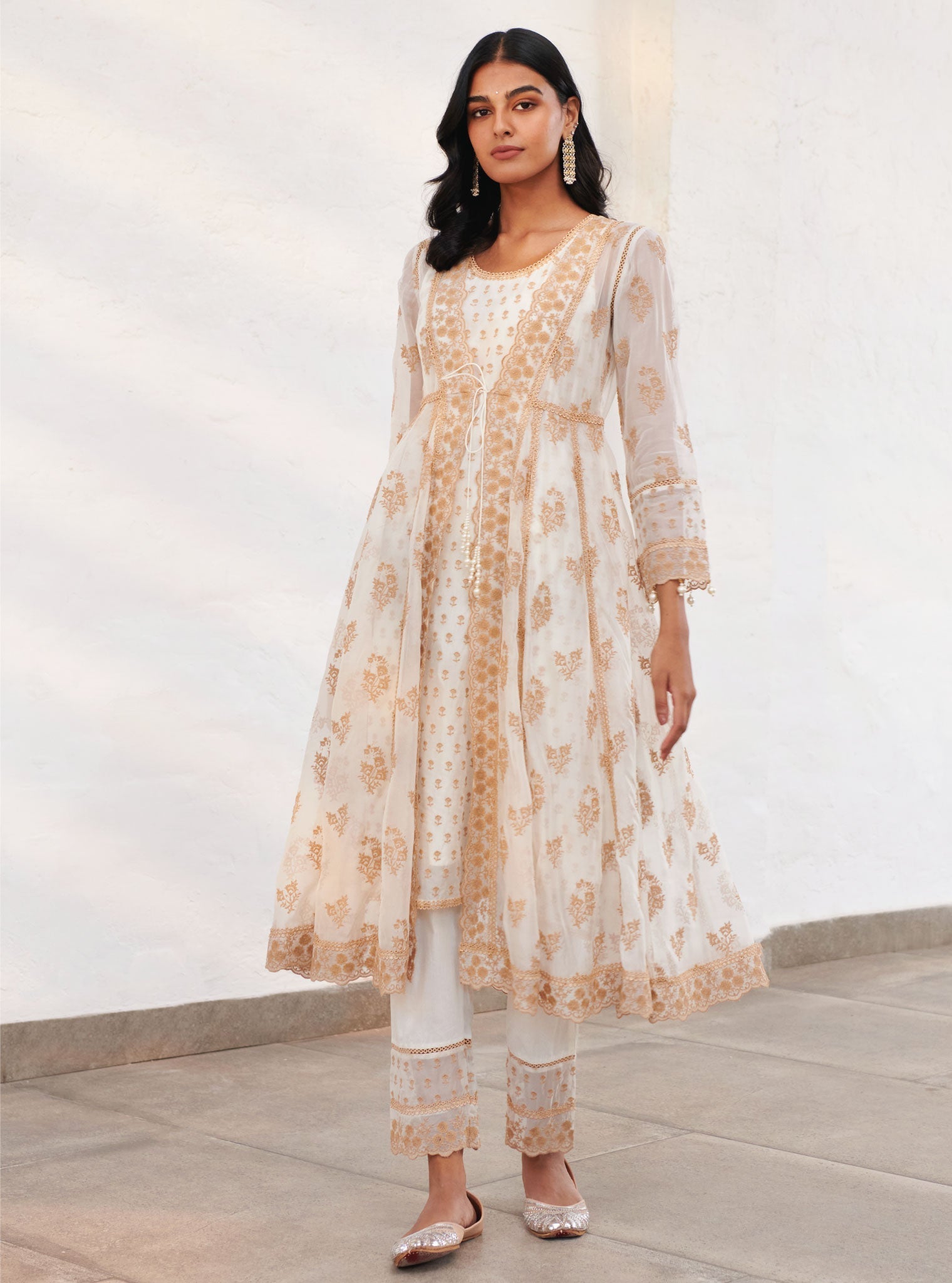 Mulmul Organza Aberdeen Off White Anarkali Kurta With Organza Jacket With Cotton Aberdeen Off White Pant