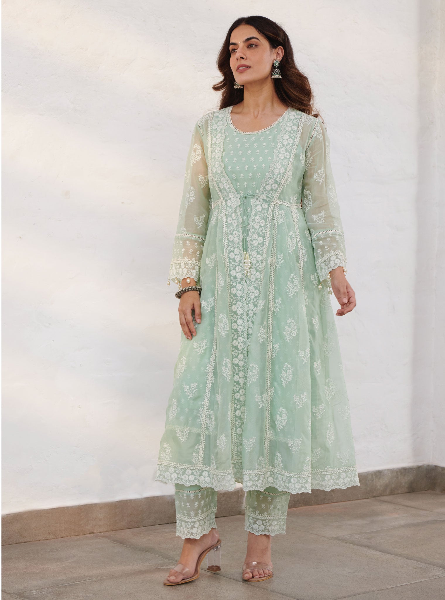 Mulmul Organza Aberdeen Green Anarkali Kurta With Organza Jacket With Cotton Aberdeen Green Pant