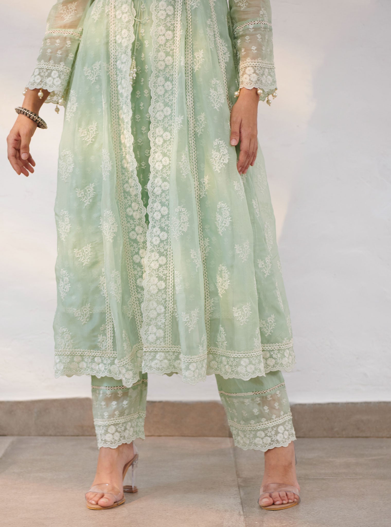 Mulmul Organza Aberdeen Green Anarkali Kurta With Organza Jacket With Cotton Aberdeen Green Pant