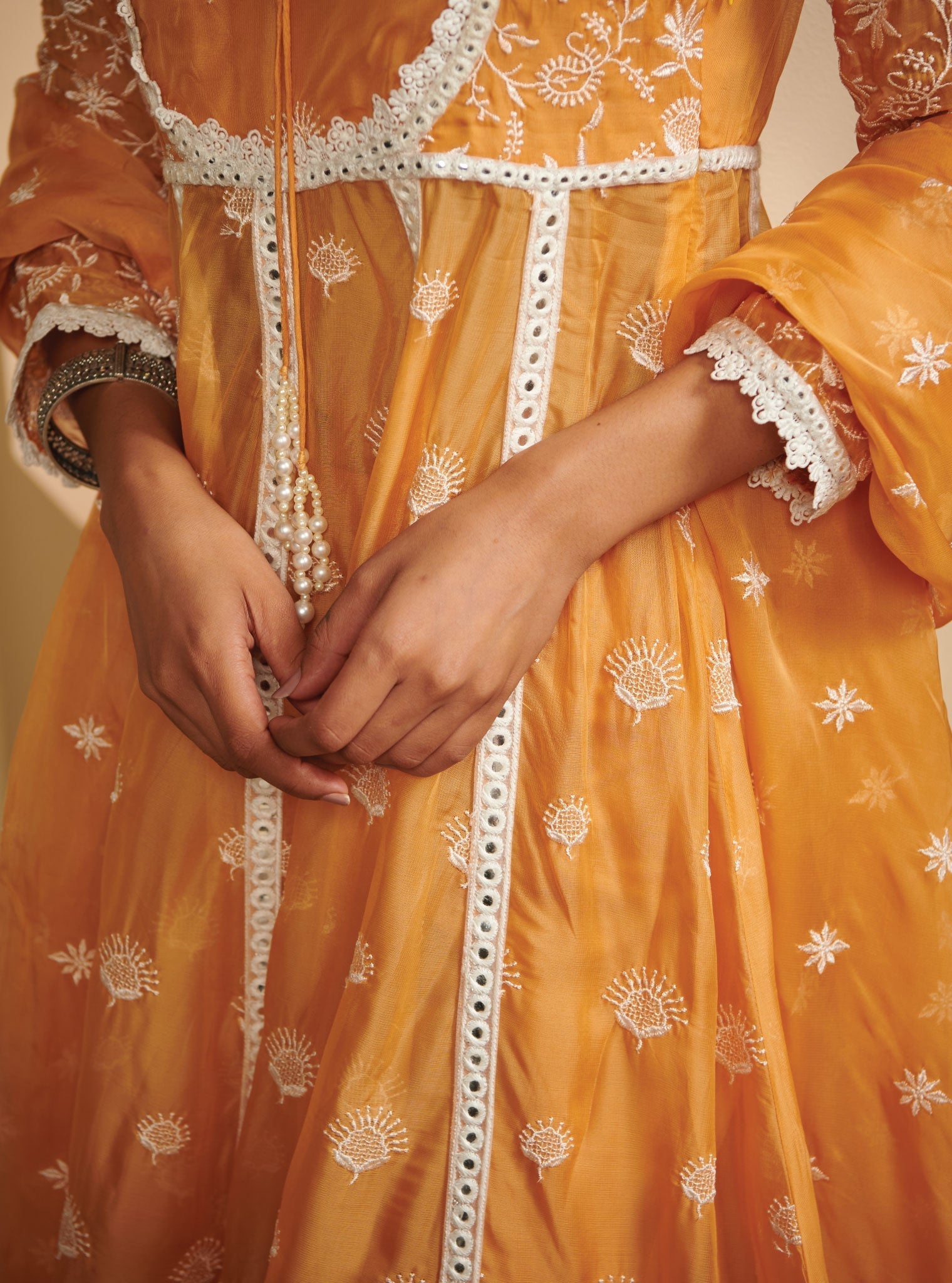 Mulmul Organza Prasatti Anarkali Mango Kurta With Mulmul Pima Satin Prasatti Mango Pant