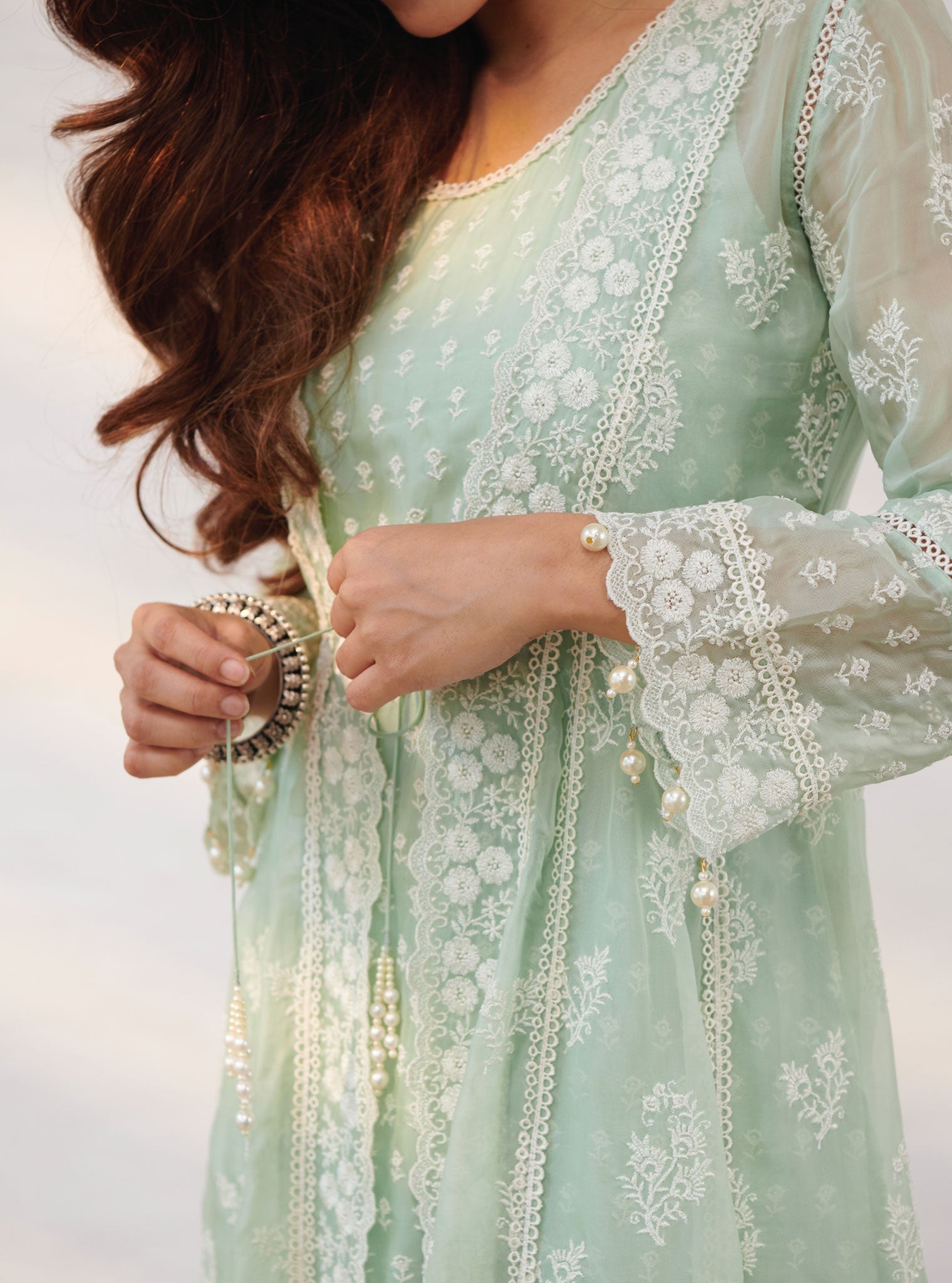 Mulmul Organza Aberdeen Green Anarkali Kurta With Organza Jacket With Cotton Aberdeen Green Pant