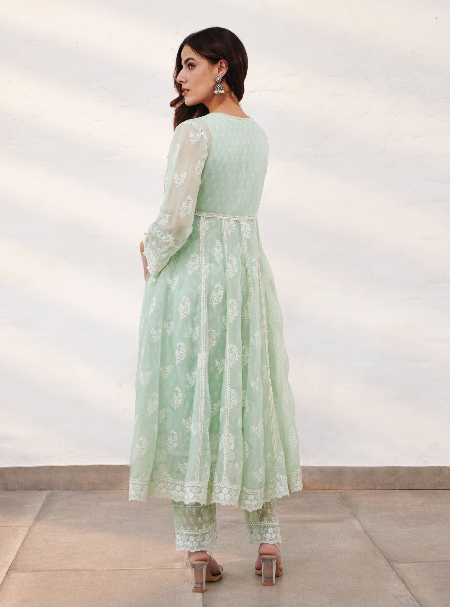 Mulmul Organza Aberdeen Green Anarkali Kurta With Organza Jacket With Cotton Aberdeen Green Pant