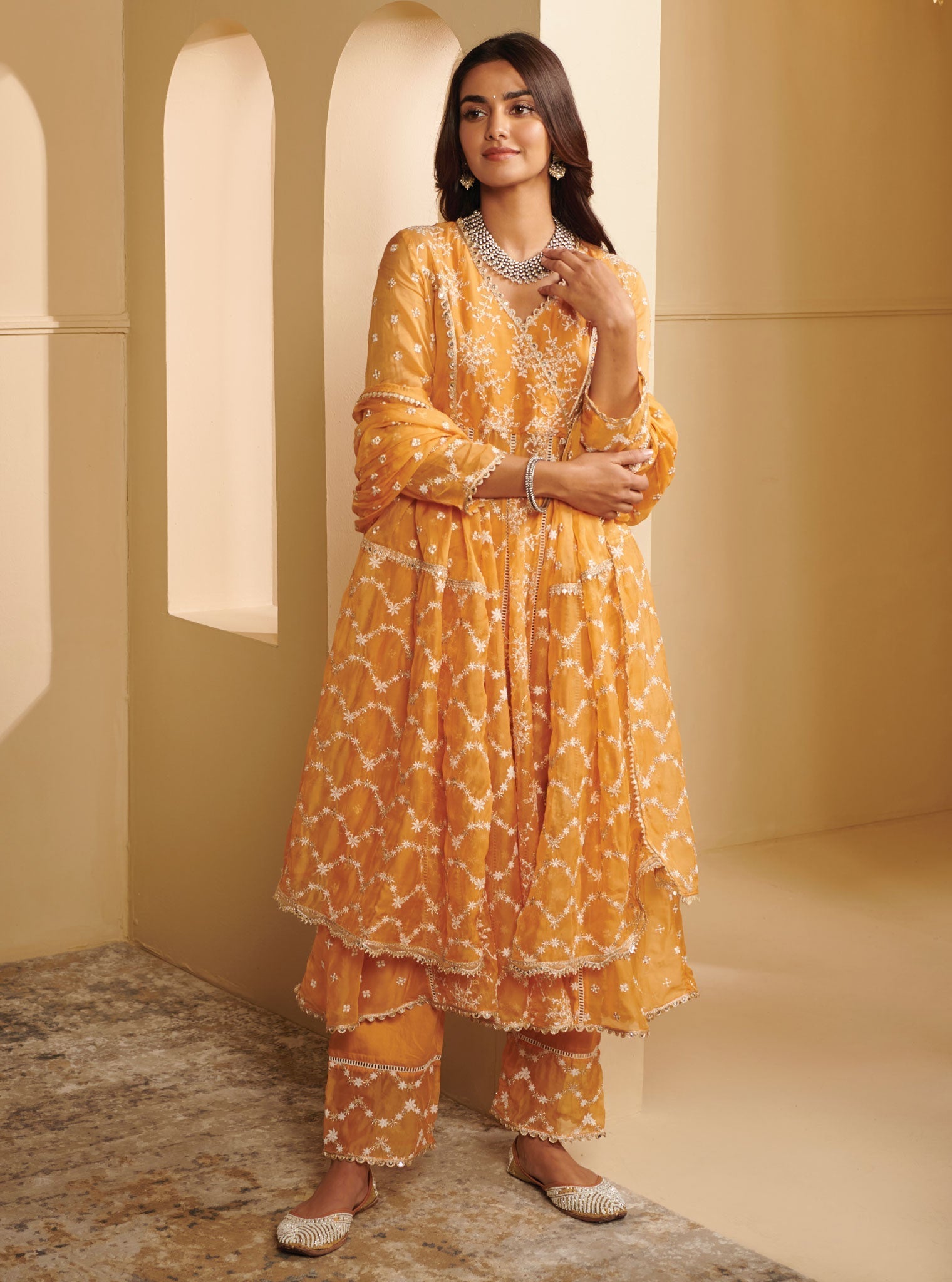 Mulmul Organza Arvati Anarkali Mango Kurta With Mulmul Pima Satin Arvati Mango Pant