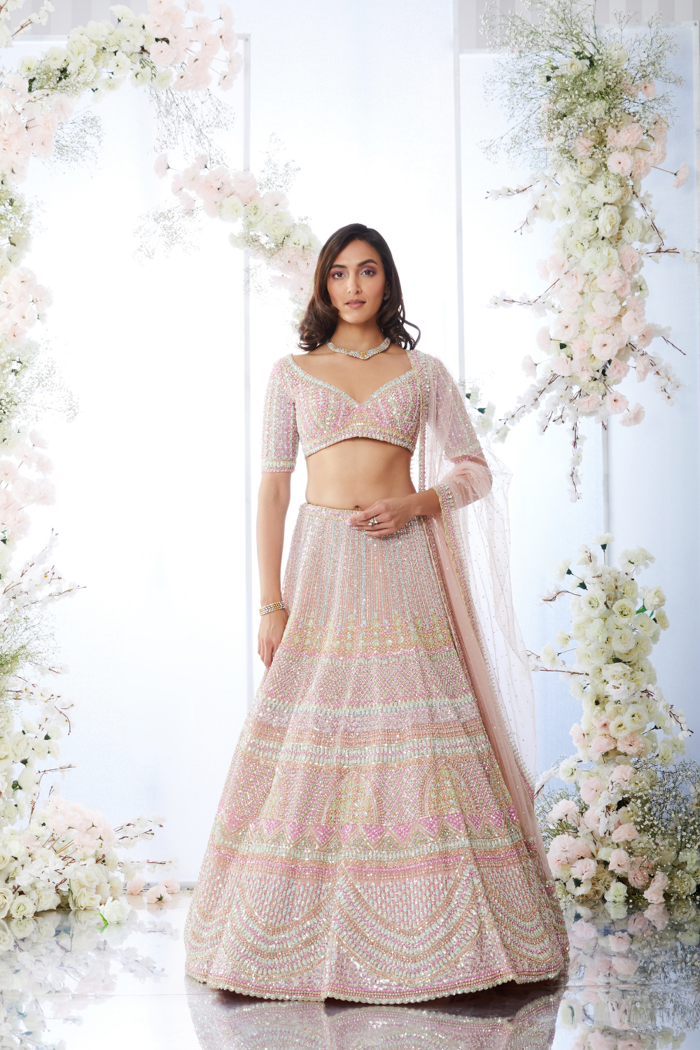 Crepe Pink Mutli-Coloured Sequin Lehenga Set