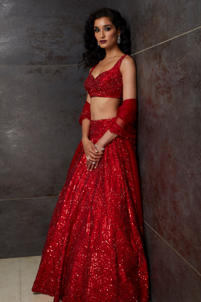 Sara Ali Khan In Dark Red Sequins Lehenga Set