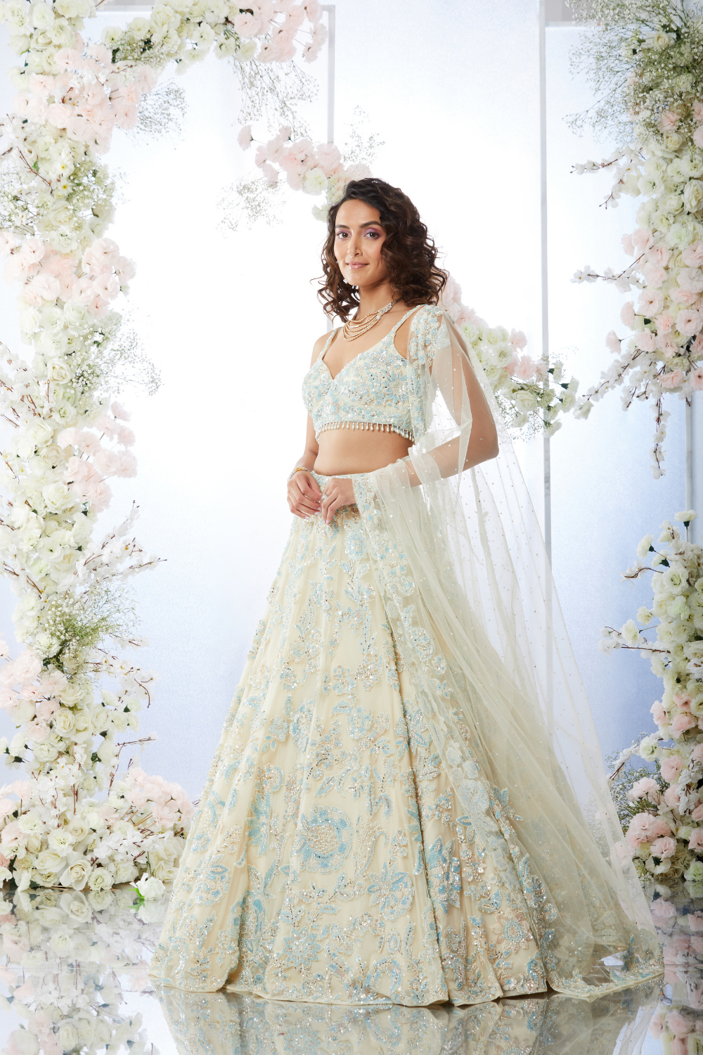 Cream Blue Sequin Lehenga Set