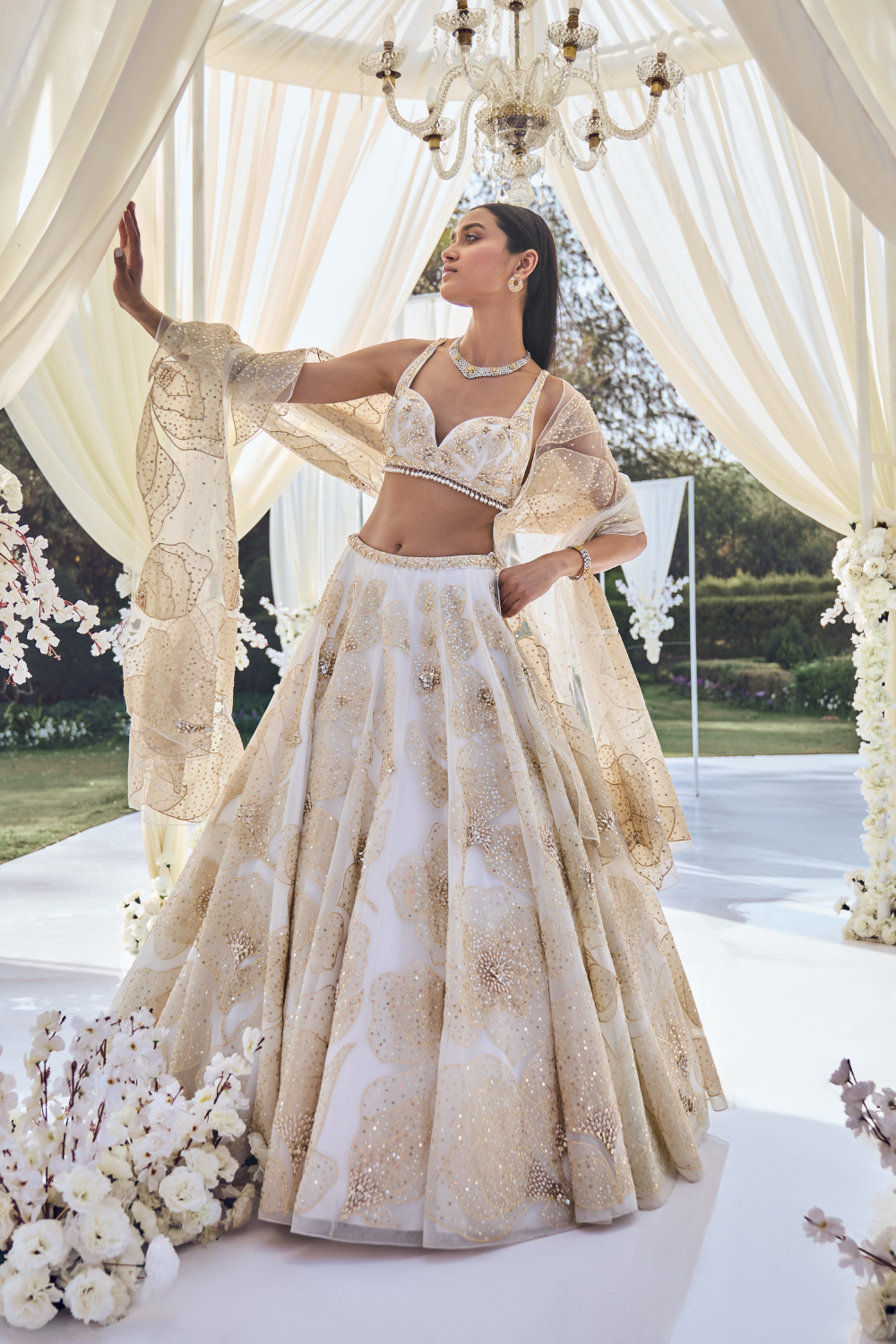 White Gold Floral Lehenga Set