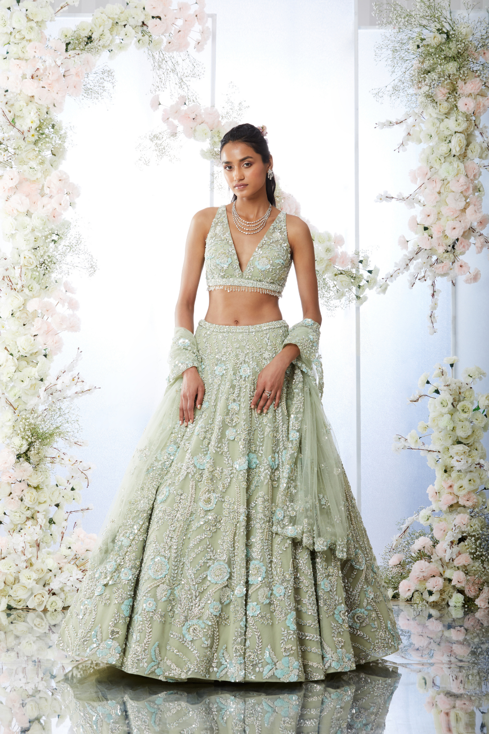 Tea Green Floral Sequin Lehenga Set