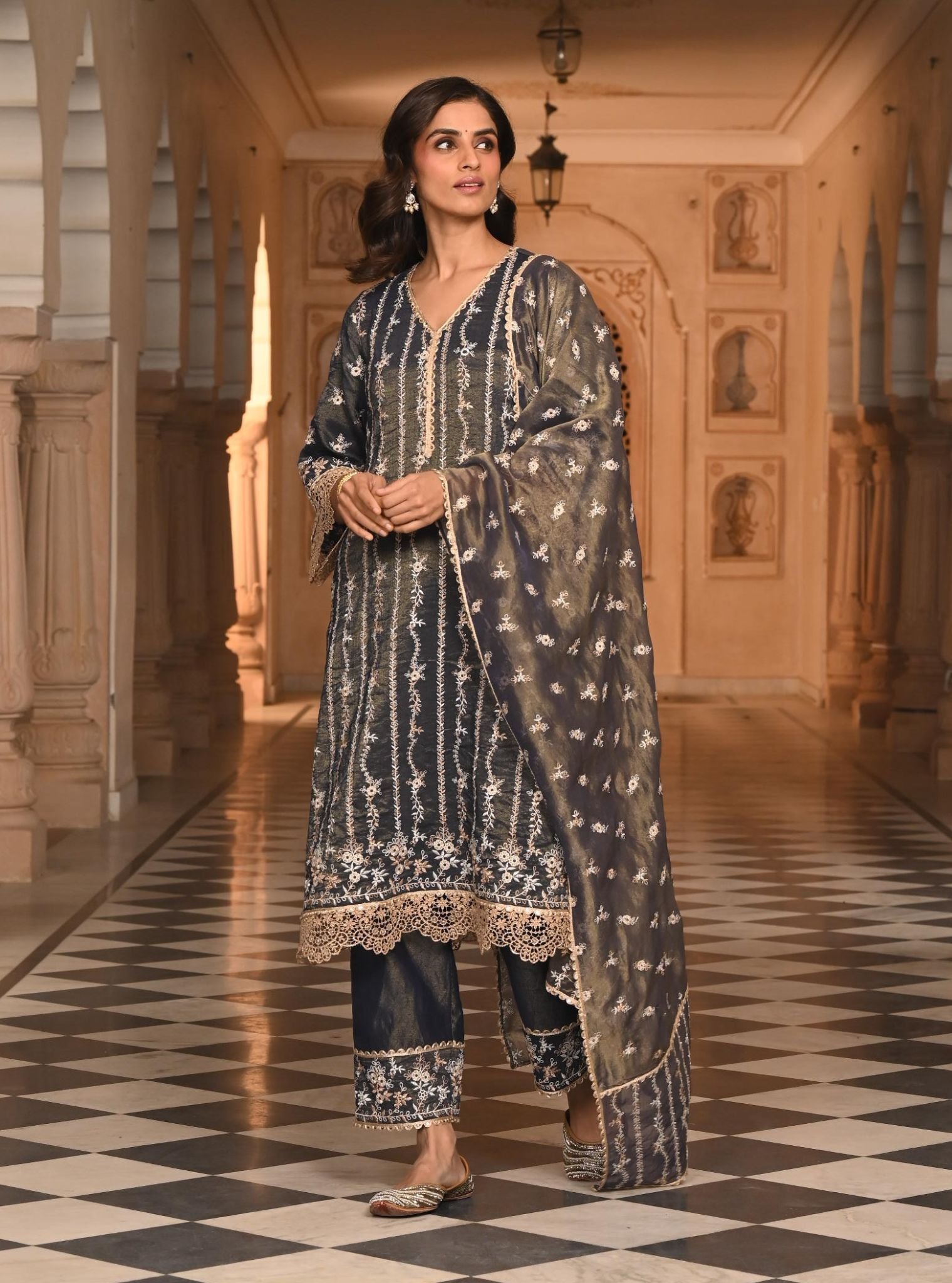 Mulmul Luxe Tissue Satin Chaleya Navy Kurta With Mulmul Tissue Satin Chaleya Navy Pant