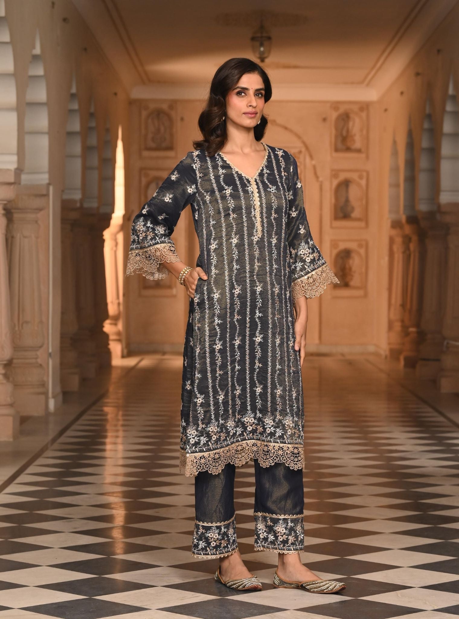 Mulmul Luxe Tissue Satin Chaleya Navy Kurta With Mulmul Tissue Satin Chaleya Navy Pant