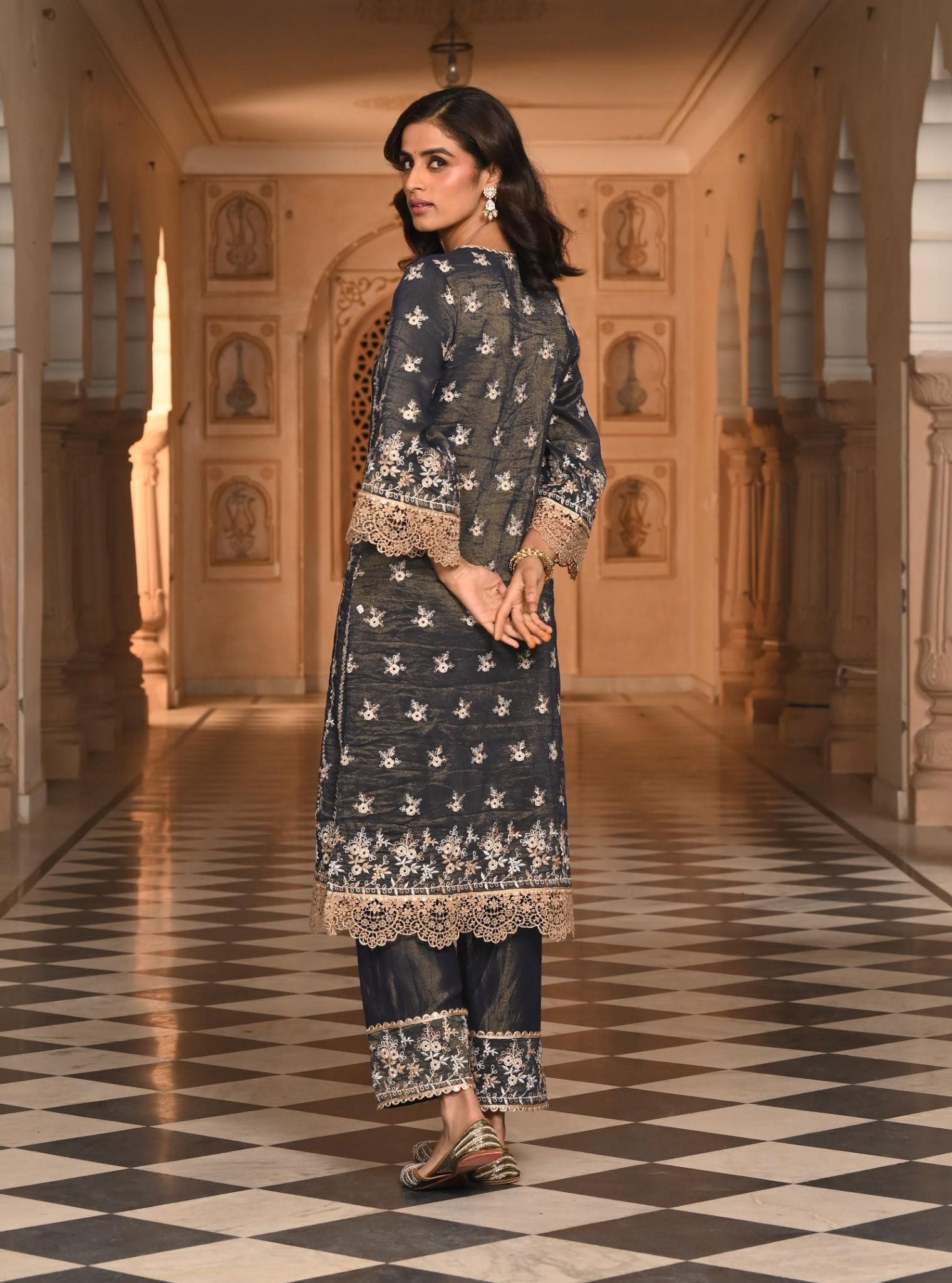 Mulmul Luxe Tissue Satin Chaleya Navy Kurta With Mulmul Tissue Satin Chaleya Navy Pant