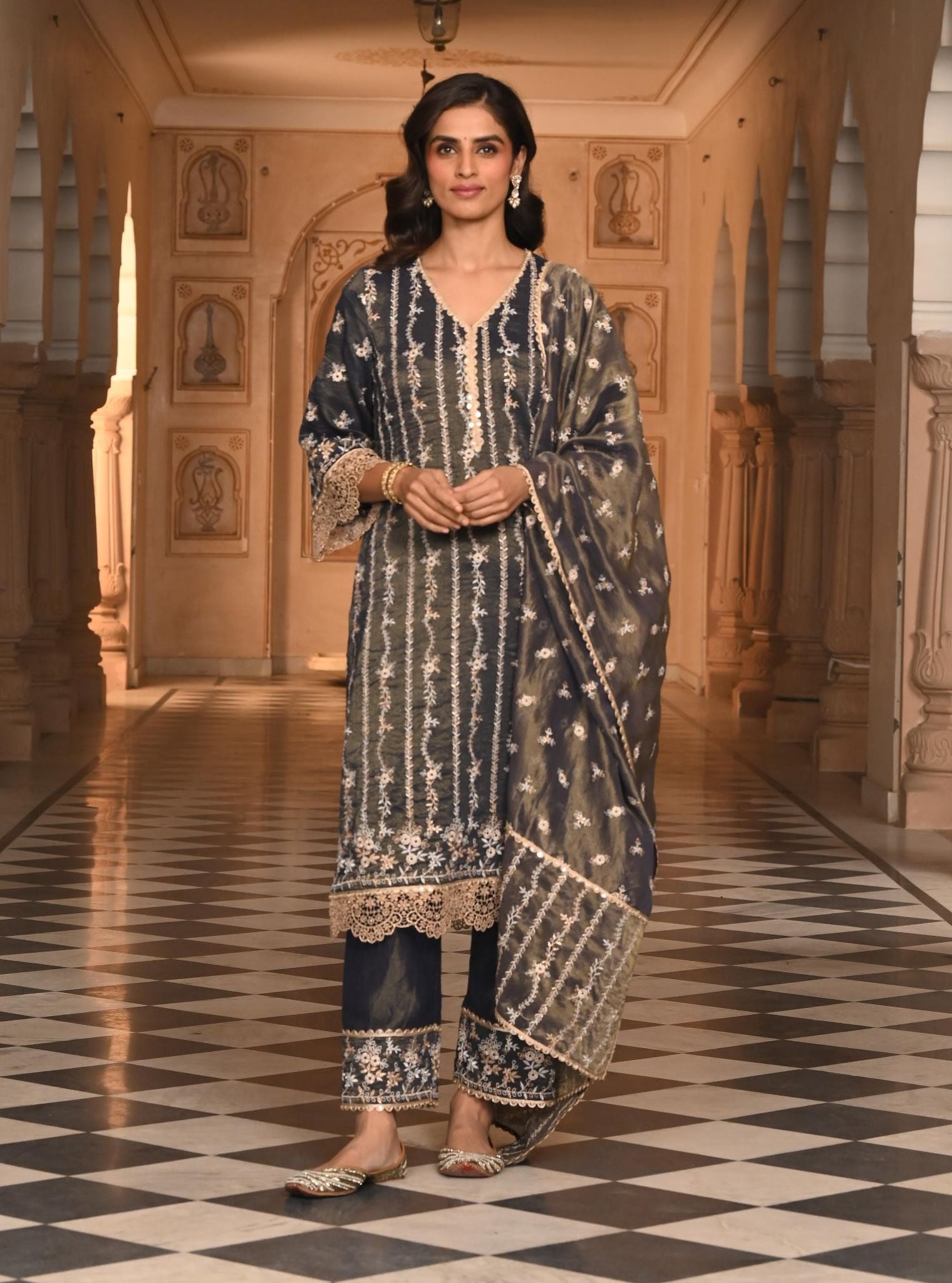 Mulmul Luxe Tissue Satin Chaleya Navy Kurta With Mulmul Tissue Satin Chaleya Navy Pant