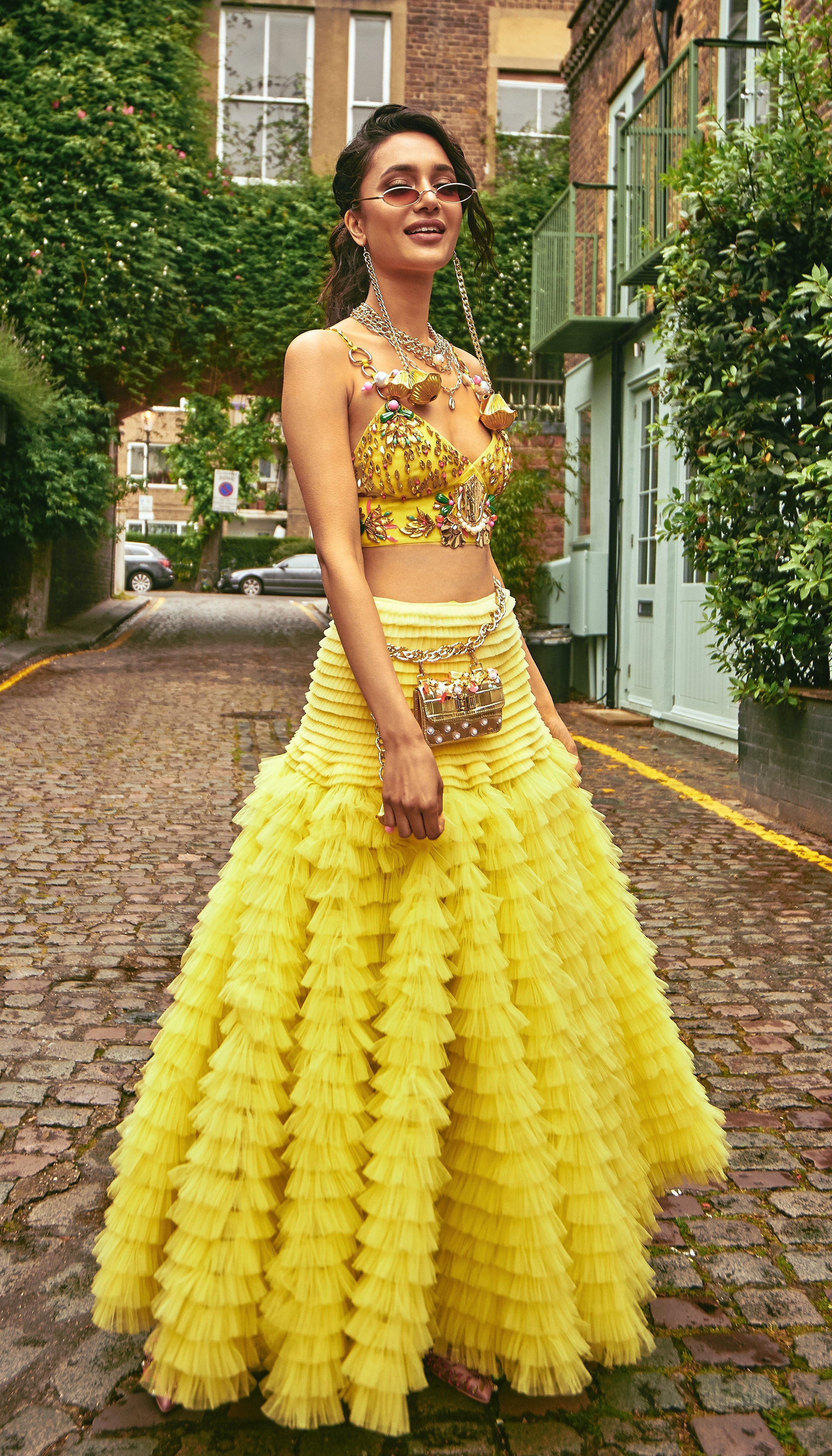 Floating Through A Dark Blue Sky - Lime Yellow Embellished Half Lehenga Set