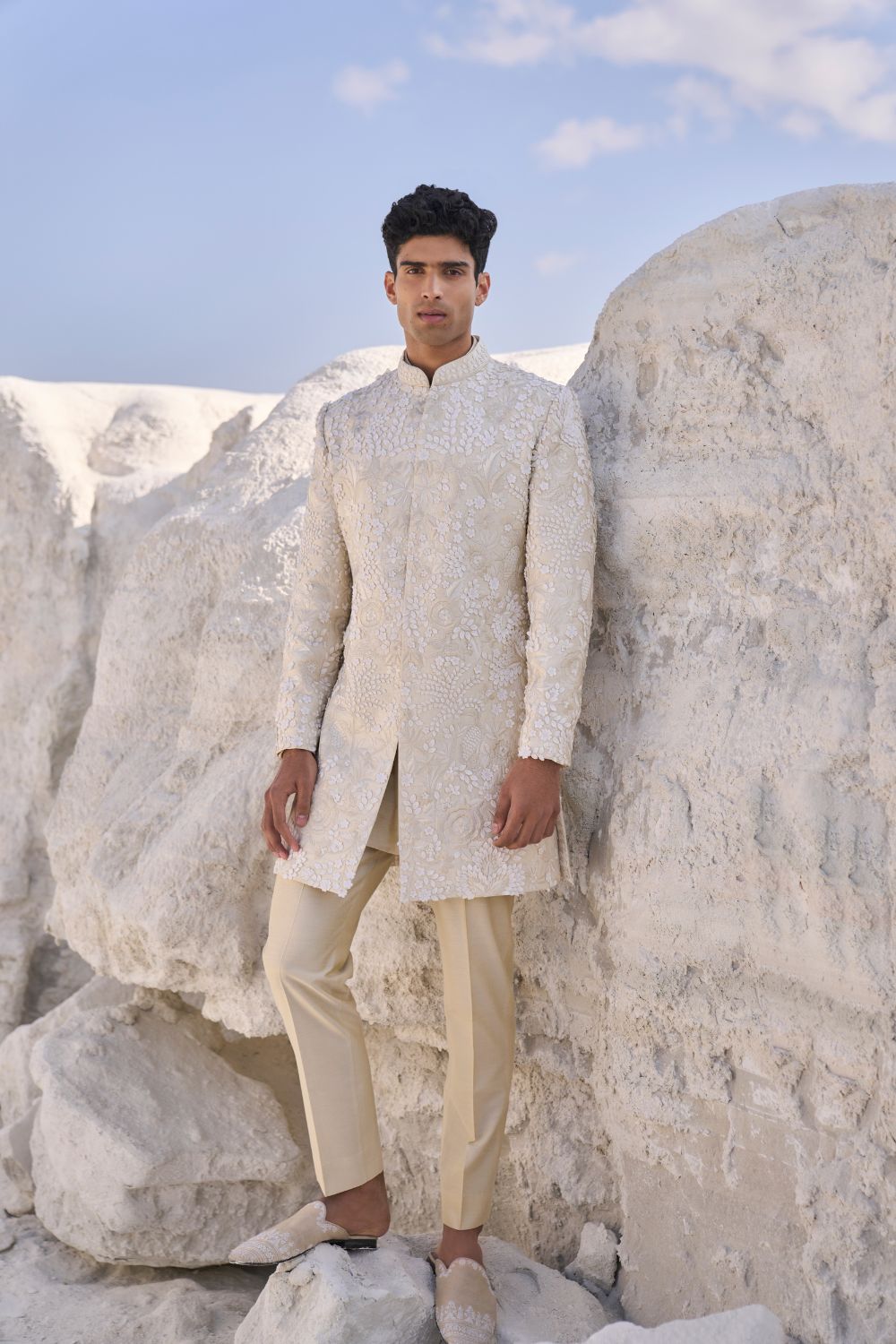 Cream Three Dimensional Floral Sherwani Set