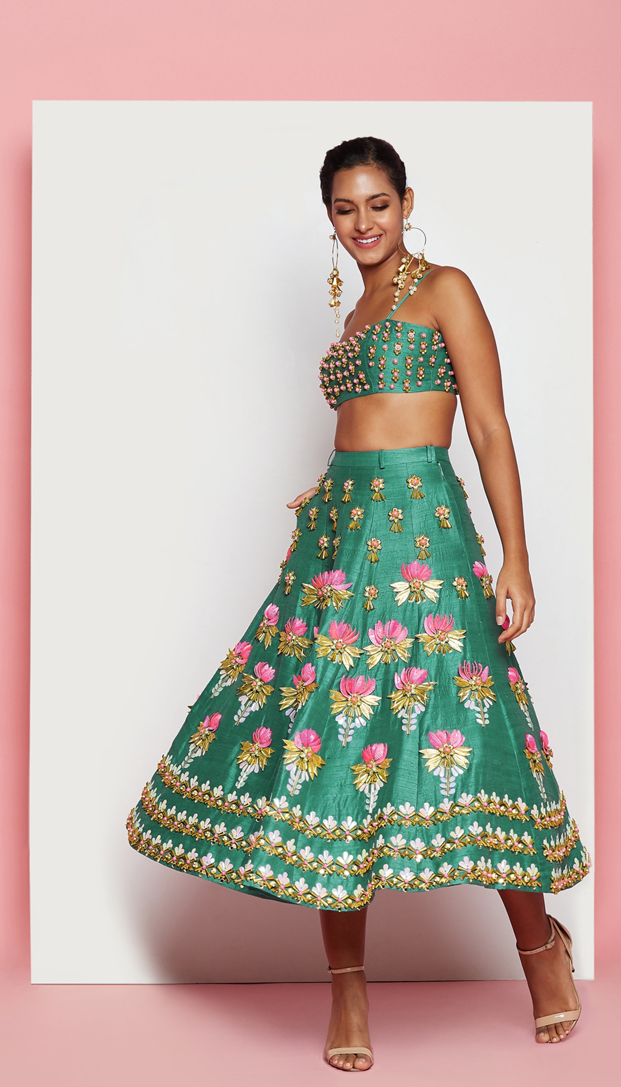 Sacred Lotus - Dark Green Embellished Half Lehenga Set