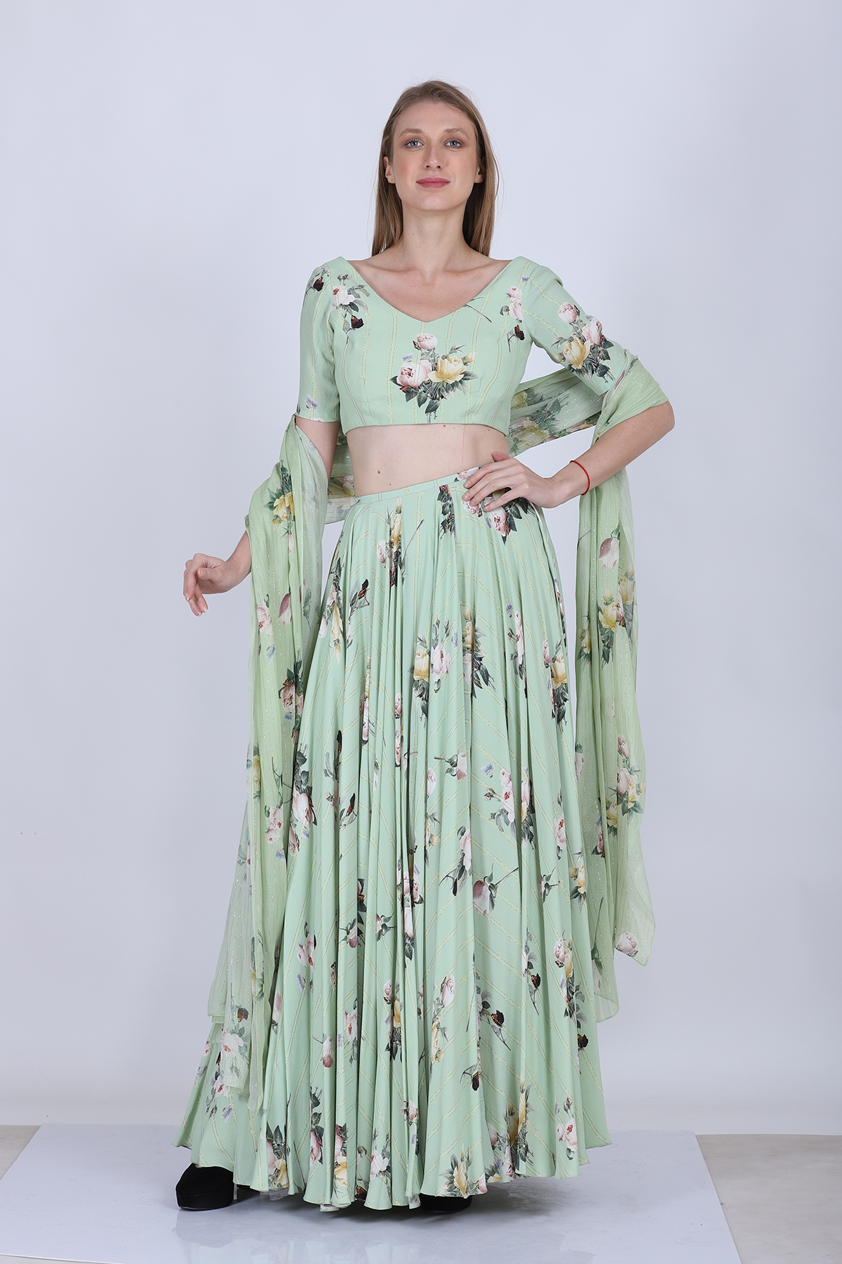 Pista Green Printed Lehenga Set