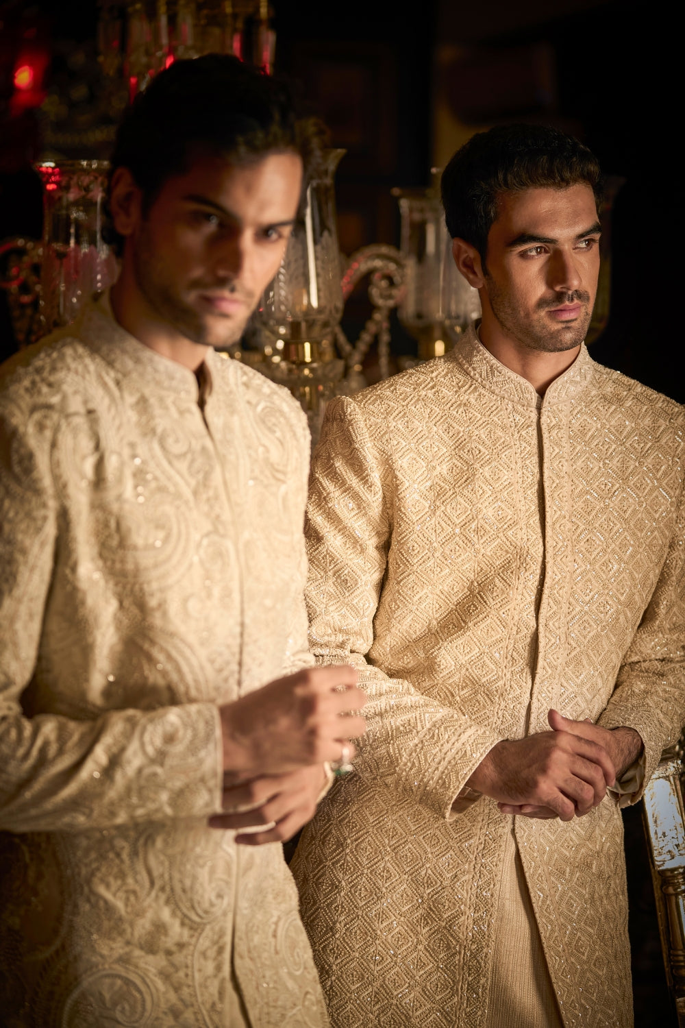 Cream Abstract Sherwani Set