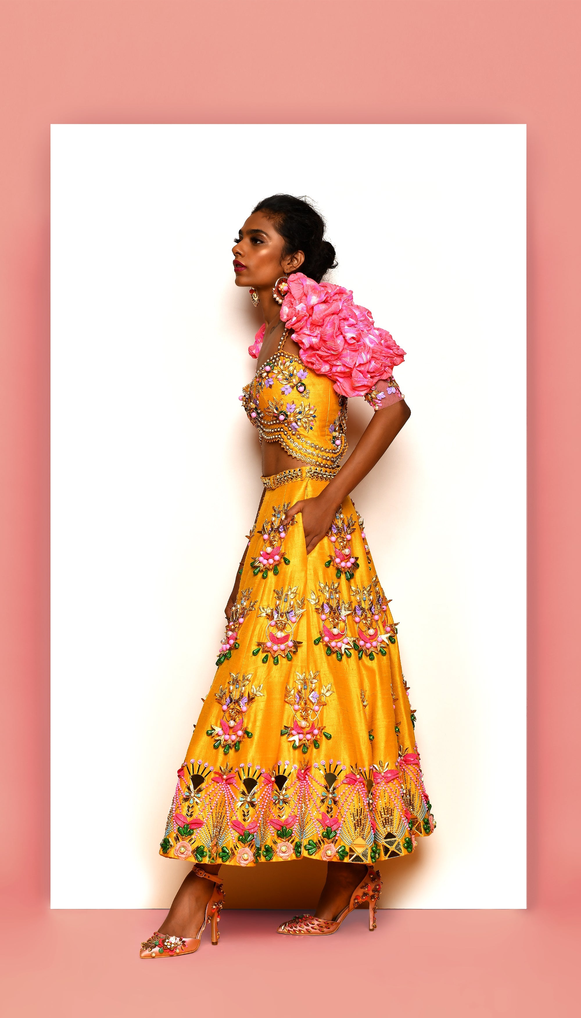 In The Clouds - Mustard Yellow And Pink Embellished Half Lehenga Set