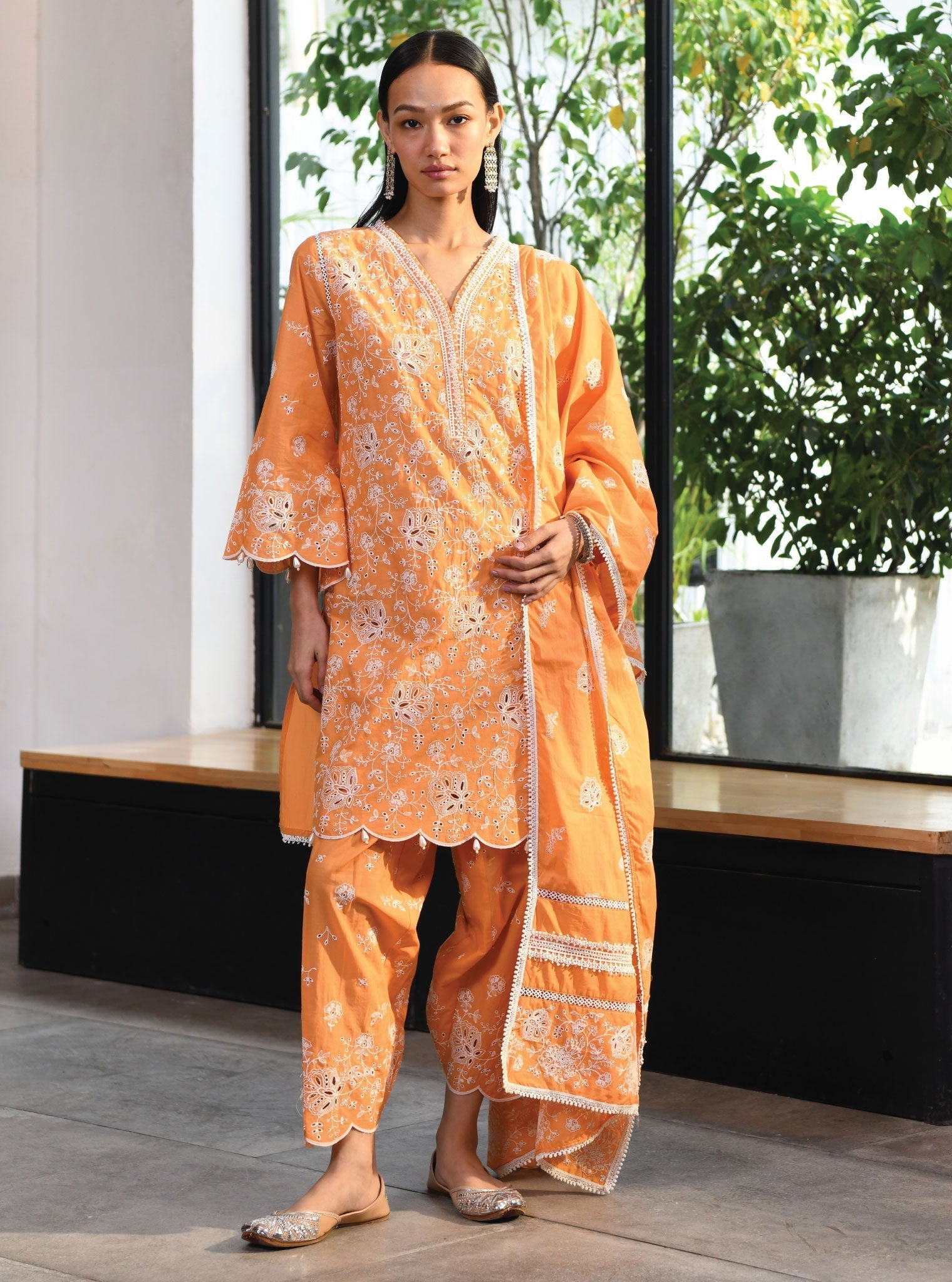 Mulmul Cotton Norwich Orange Kurta With Norwich Orange Salwar Pant