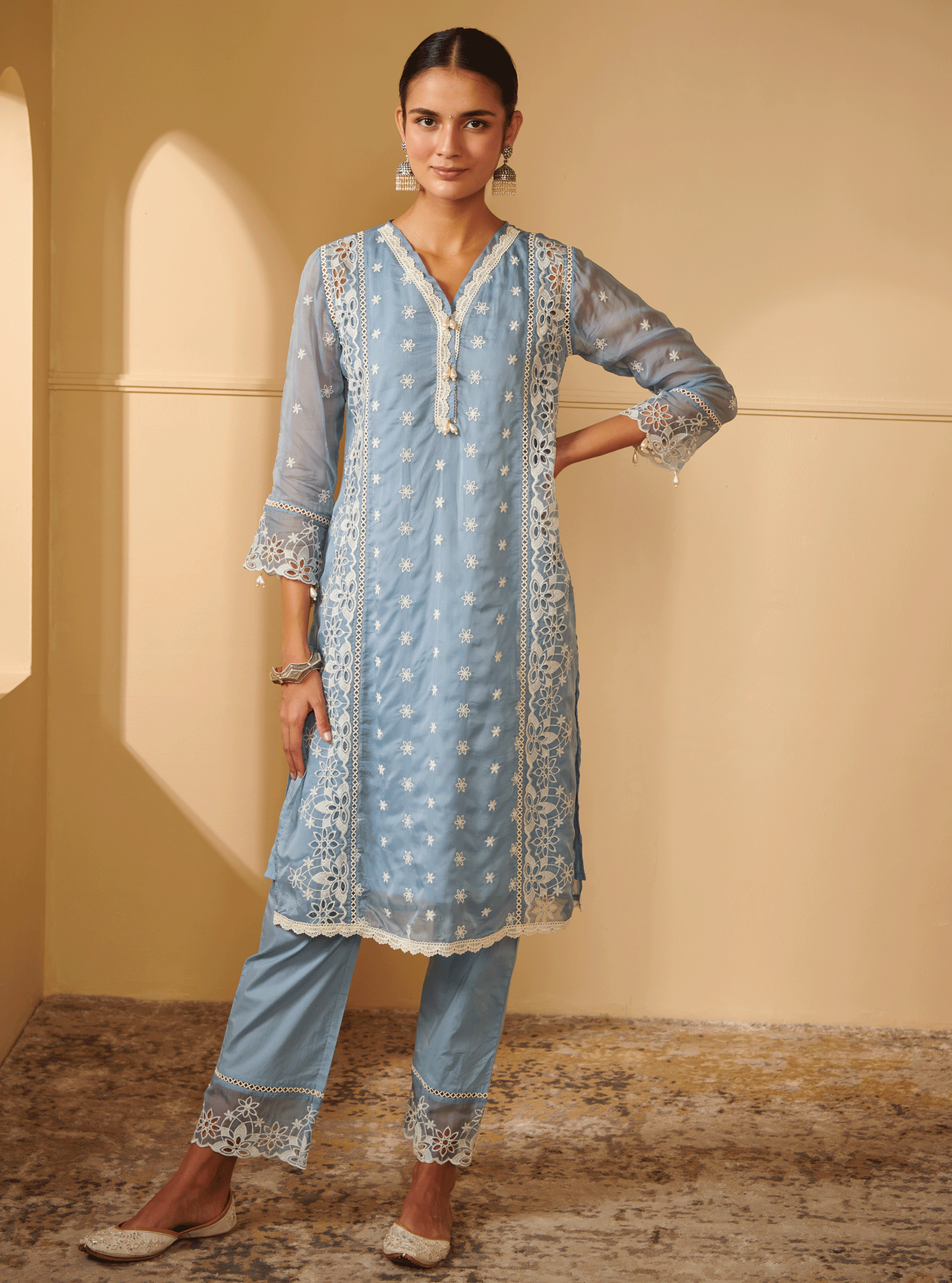 Mulmul Organza Valya Blue Kurta With Mulmul Pima Satin Valya Blue Pant