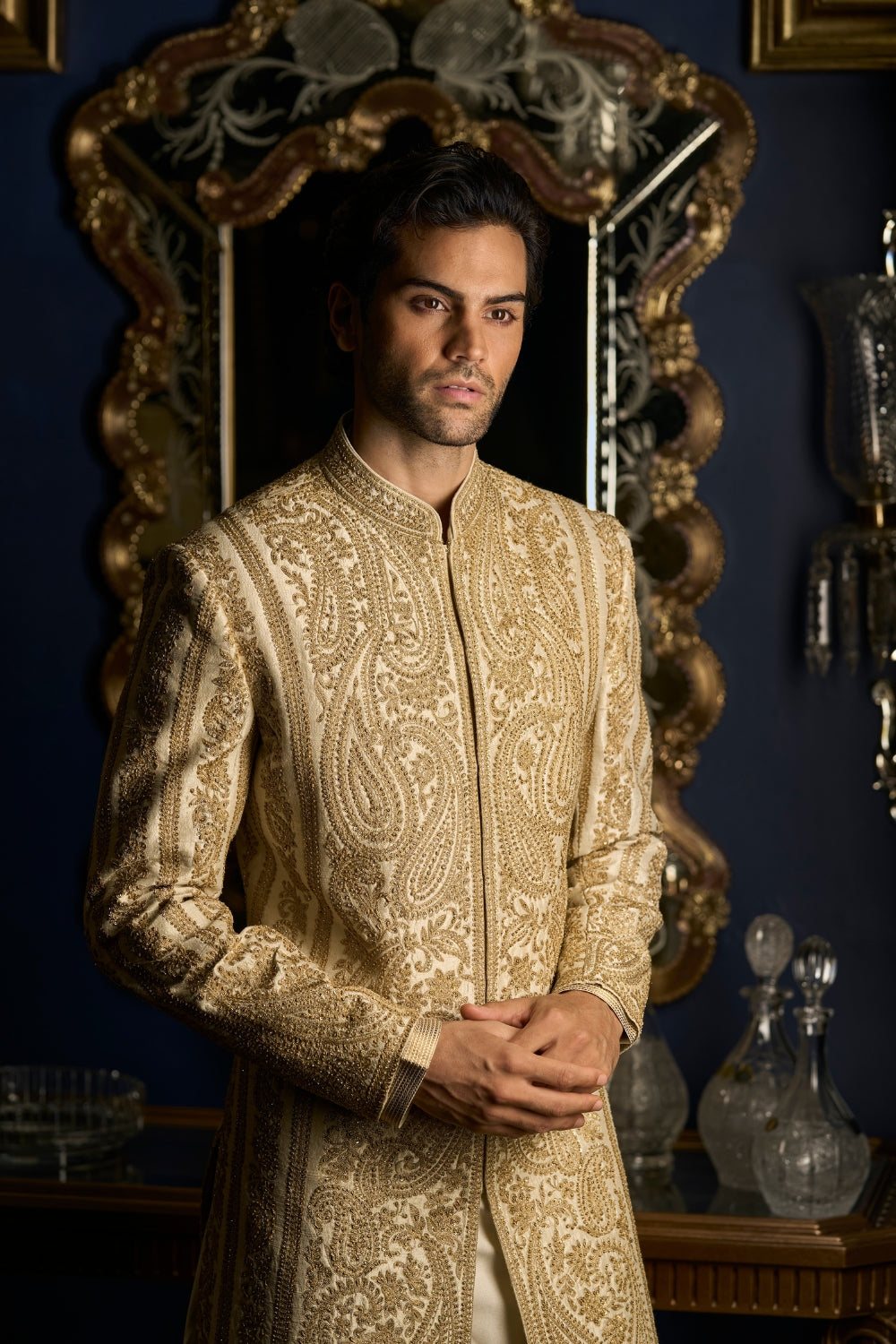 Cream Gold Sherwani Set