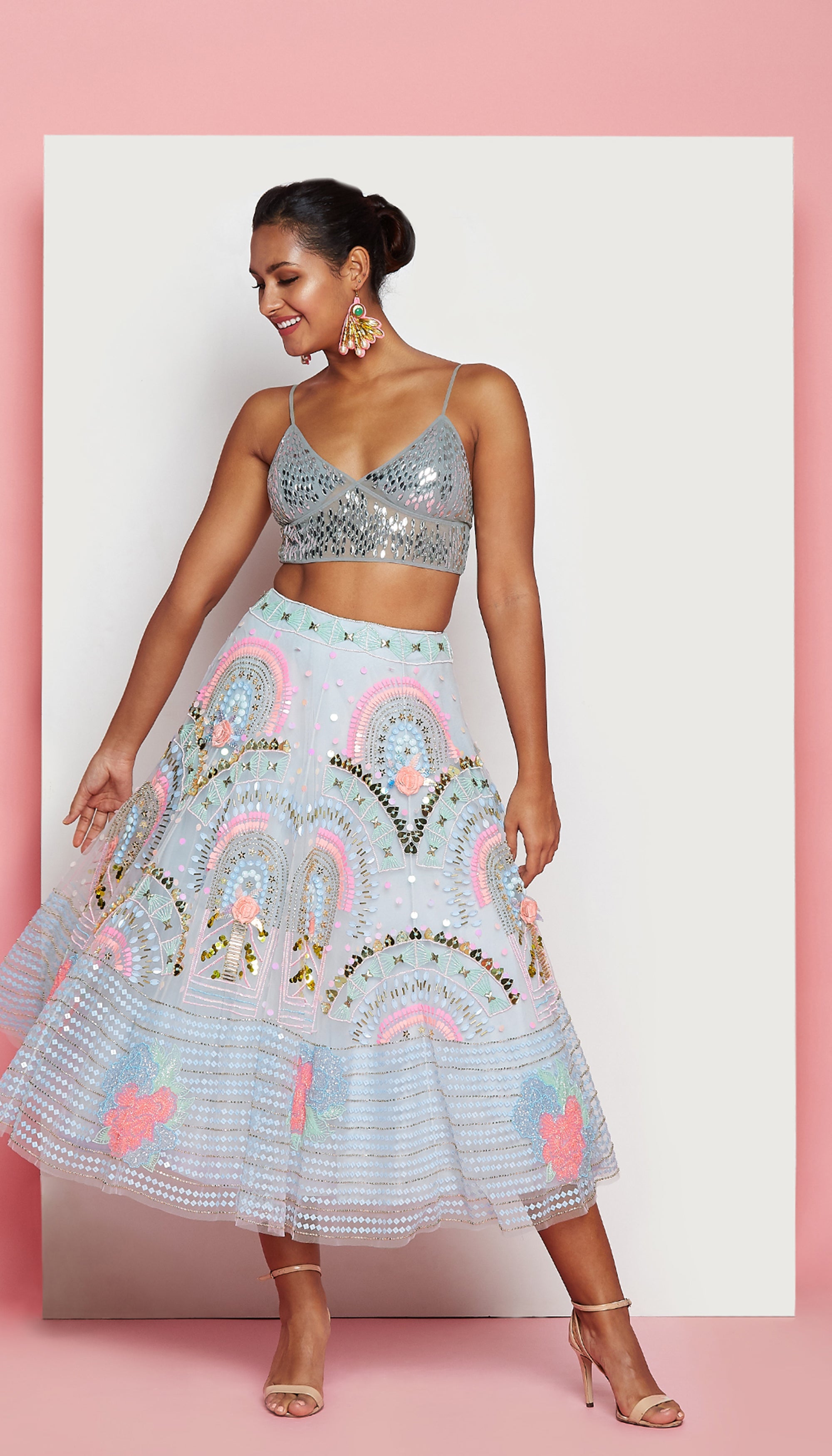 Anna - Powder Blue Embellished Half Lehenga Set