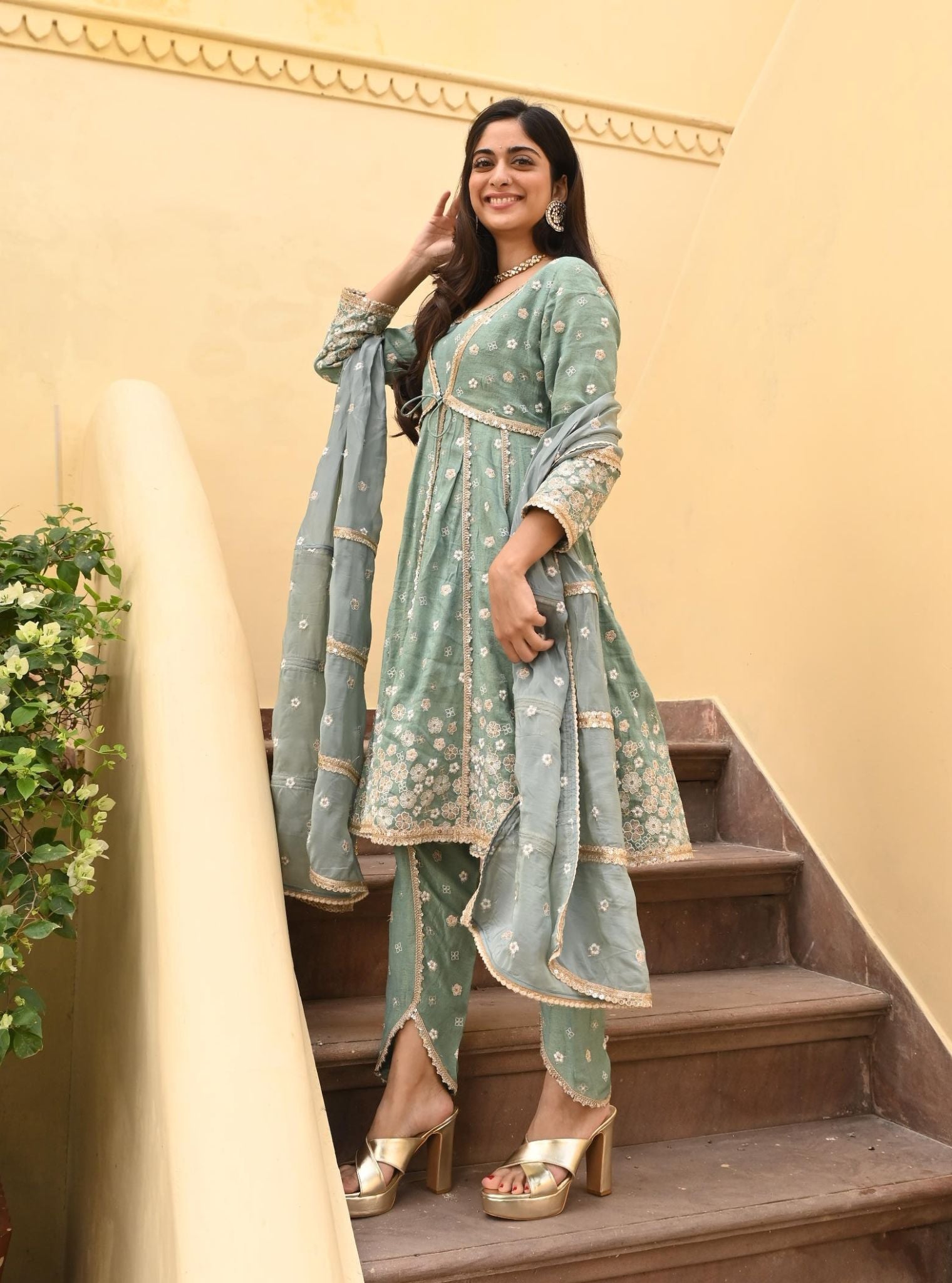 Mulmul Tissue Satin Sajeya Teal Blue Anarkali Kurta With Mulmul Luxe Tissue Satin Sajeya Teal Blue Dhoti Pant