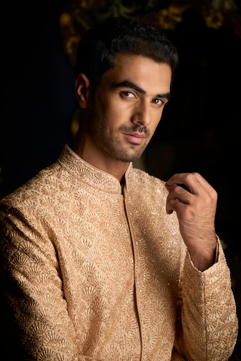 Peach Thread Sequin Sherwani Set