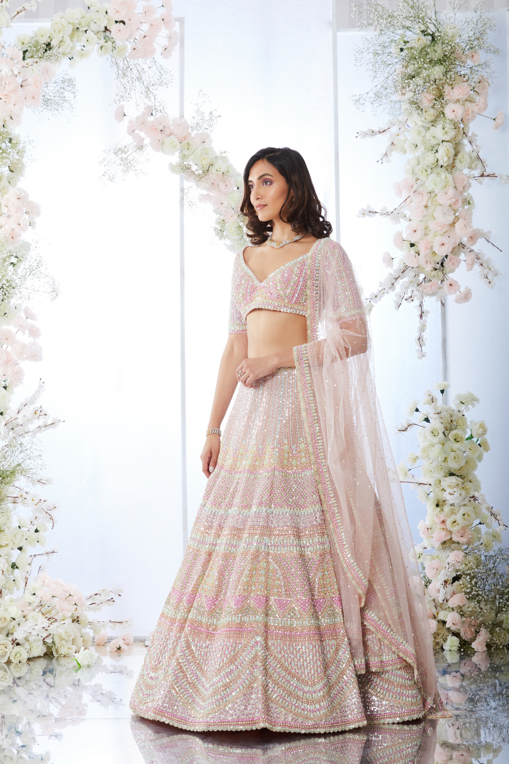 Crepe Pink Mutli-Coloured Sequin Lehenga Set