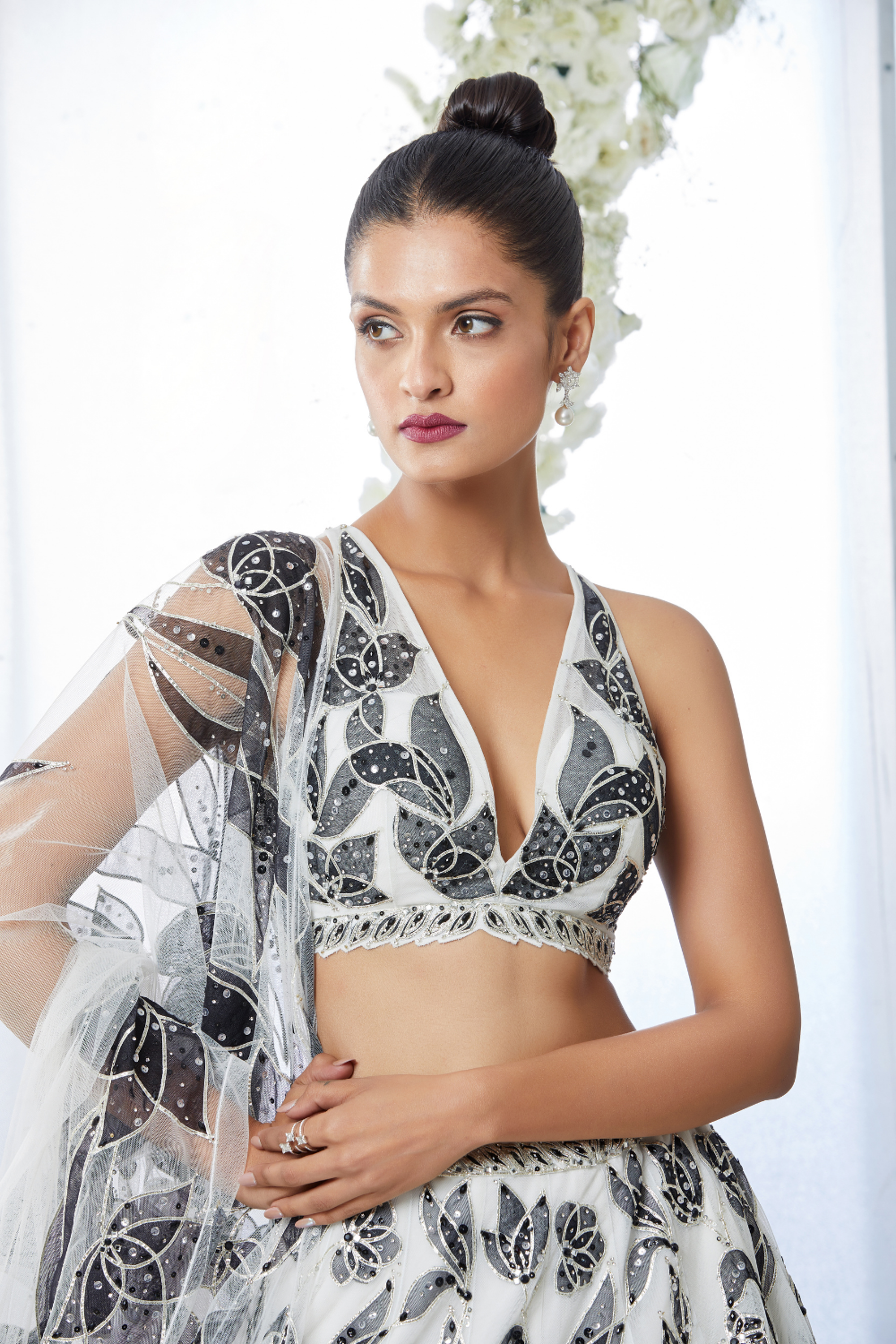 White Black Floral Lehenga Set