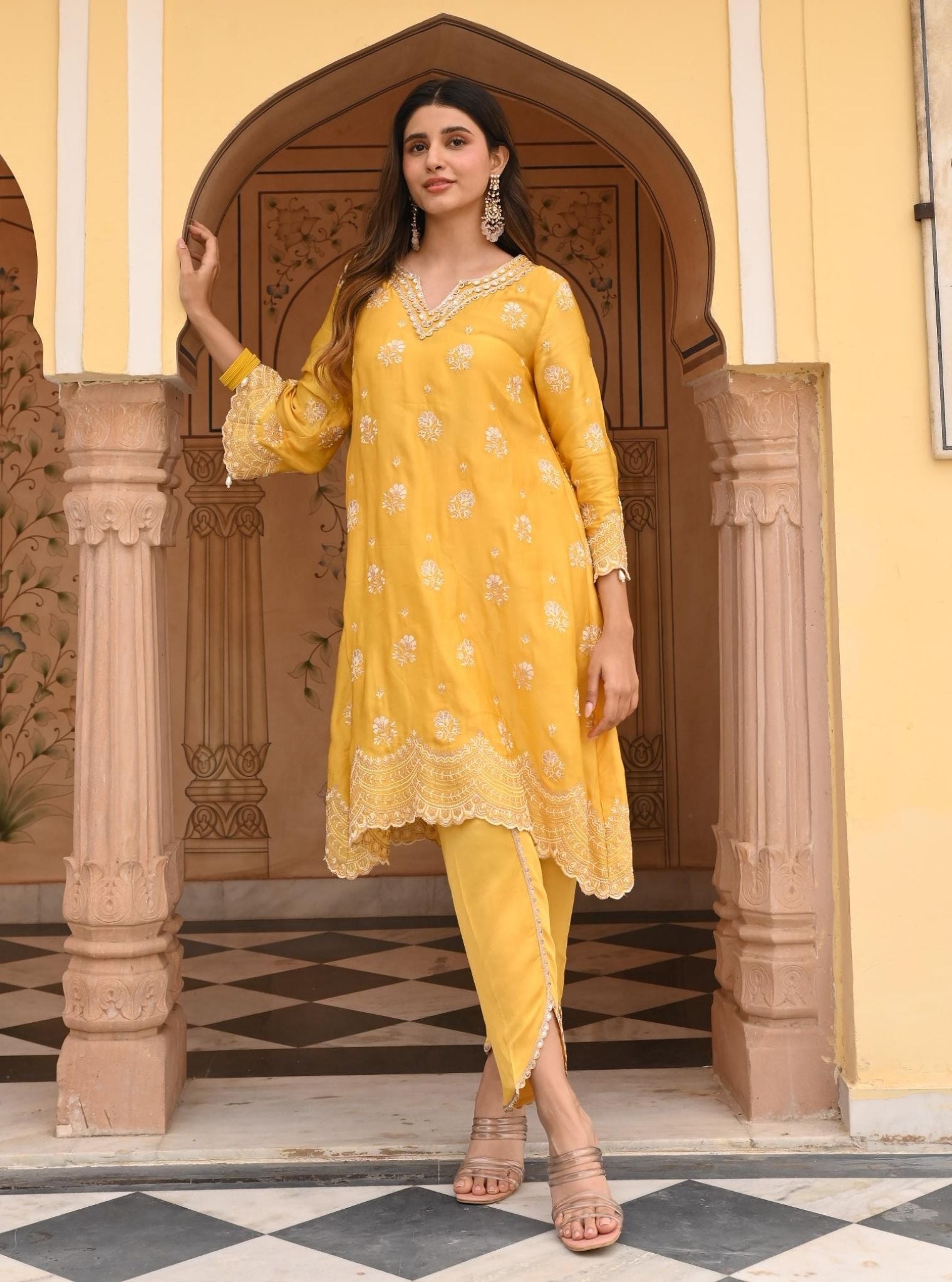 Mulmul Modal Satin Mehar Yellow Kurta With Mulmul Modal Satin Mehar Yellow Pant