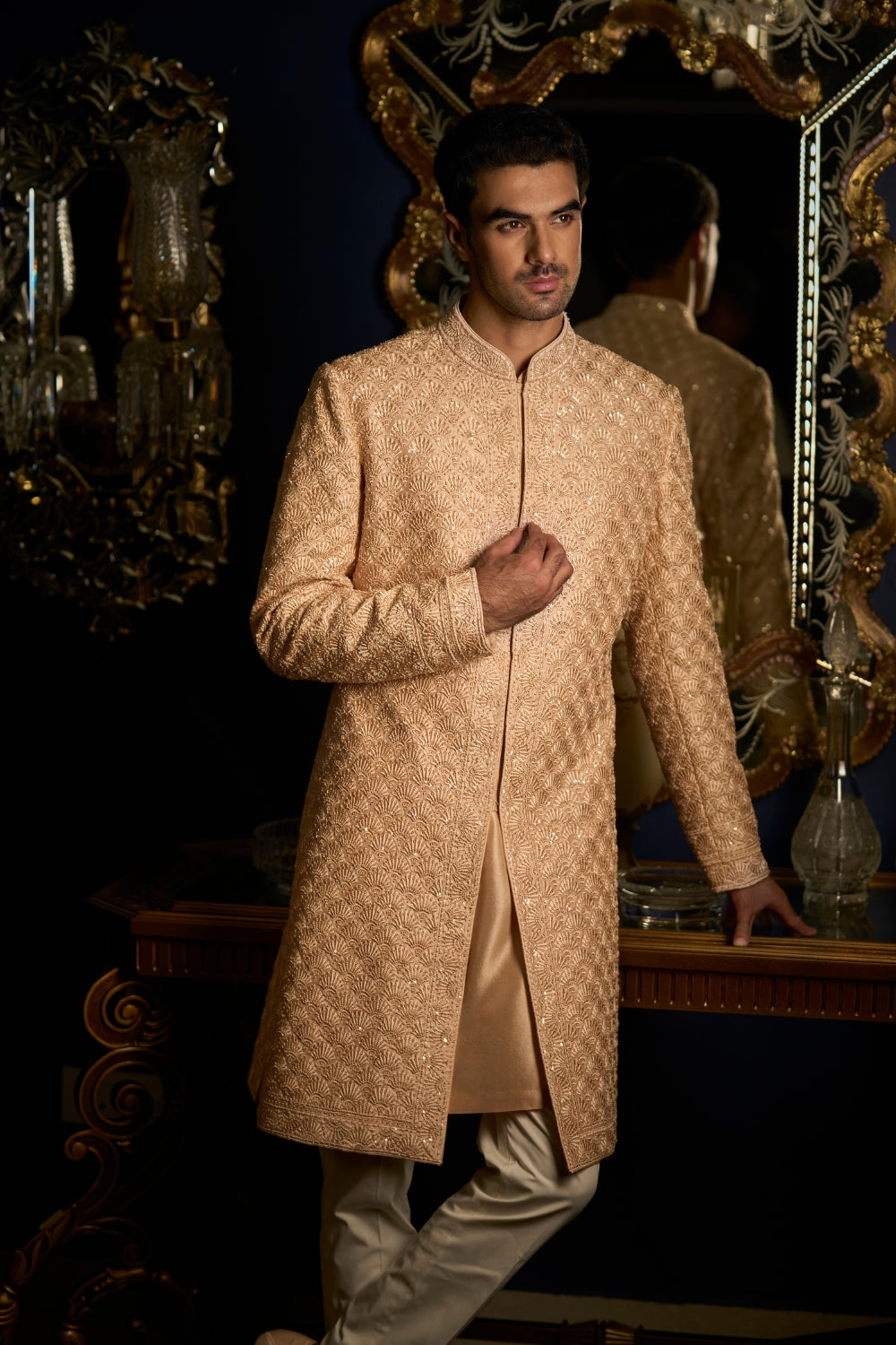 Peach Thread Sequin Sherwani Set