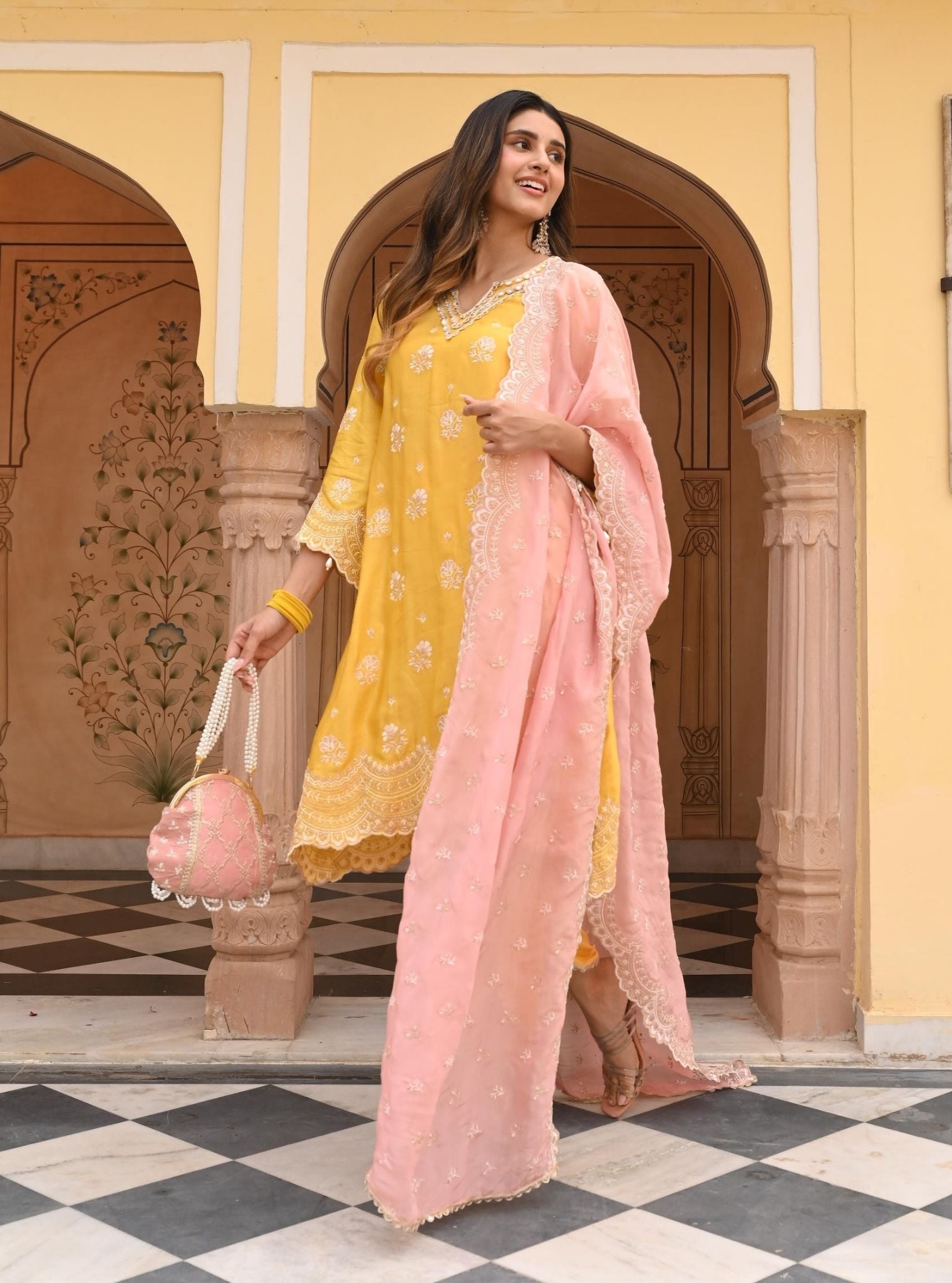 Mulmul Modal Satin Mehar Yellow Kurta With Mulmul Modal Satin Mehar Yellow Pant