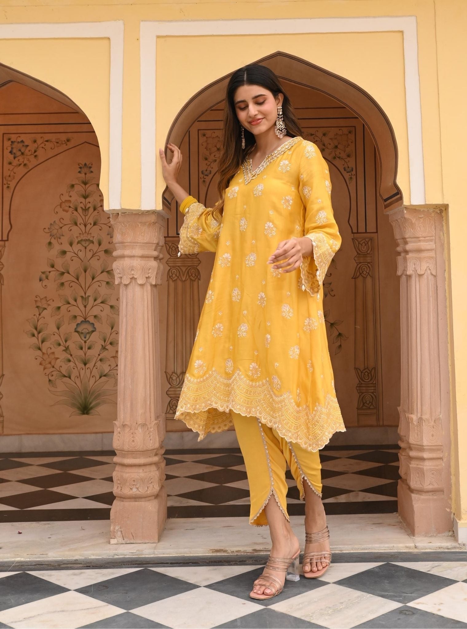 Mulmul Modal Satin Mehar Yellow Kurta With Mulmul Modal Satin Mehar Yellow Pant