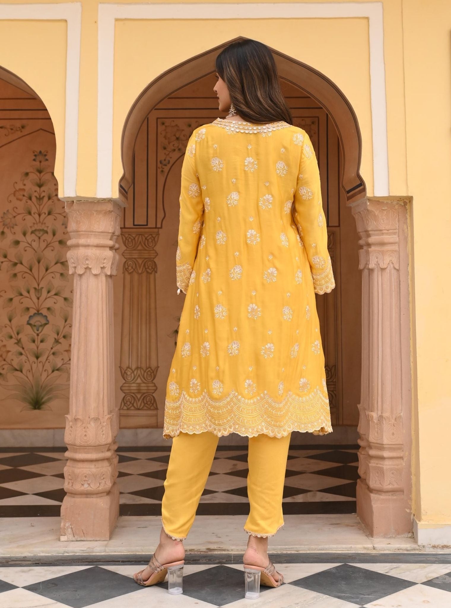 Mulmul Modal Satin Mehar Yellow Kurta With Mulmul Modal Satin Mehar Yellow Pant