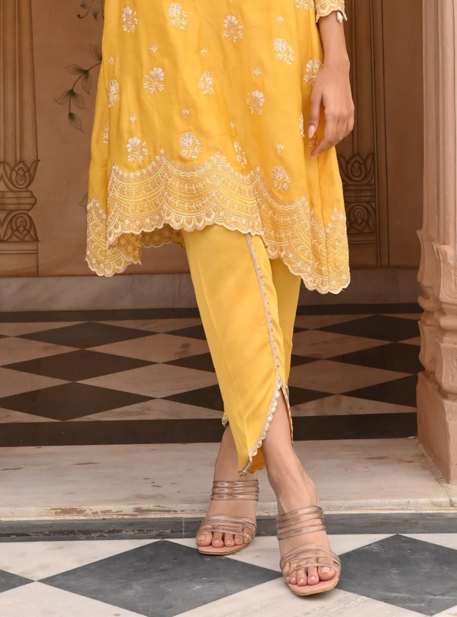 Mulmul Modal Satin Mehar Yellow Kurta With Mulmul Modal Satin Mehar Yellow Pant