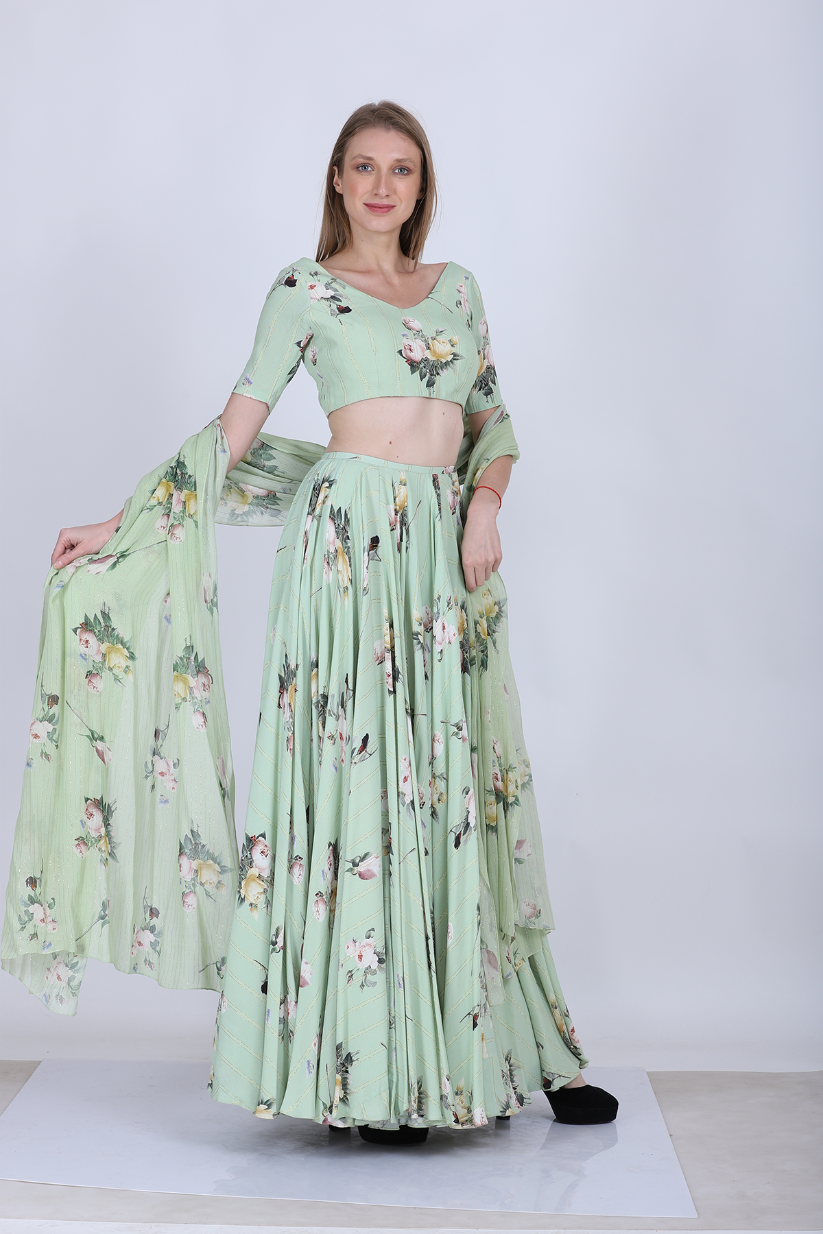 Pista Green Printed Lehenga Set