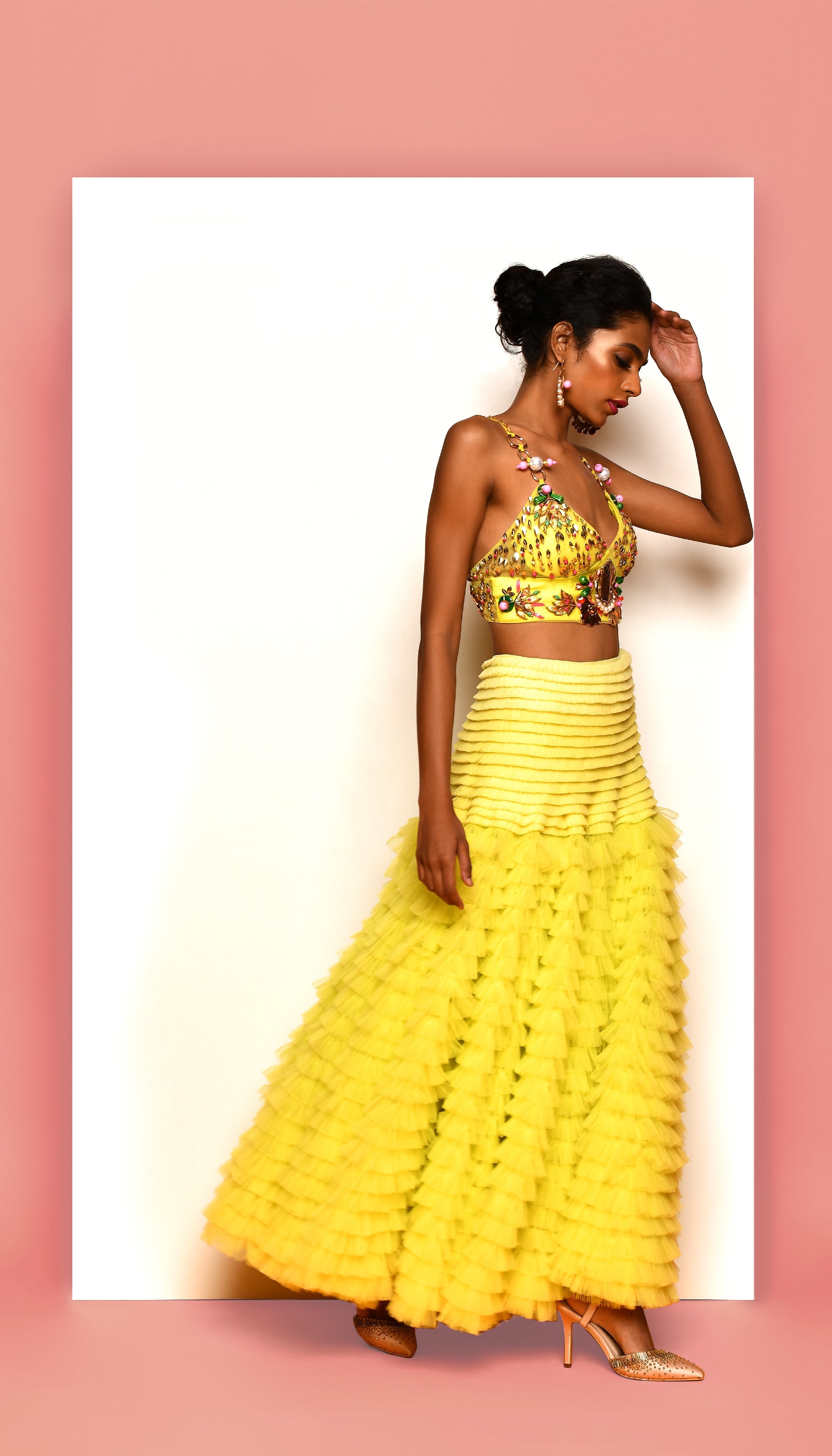 Floating Through A Dark Blue Sky - Lime Yellow Embellished Half Lehenga Set