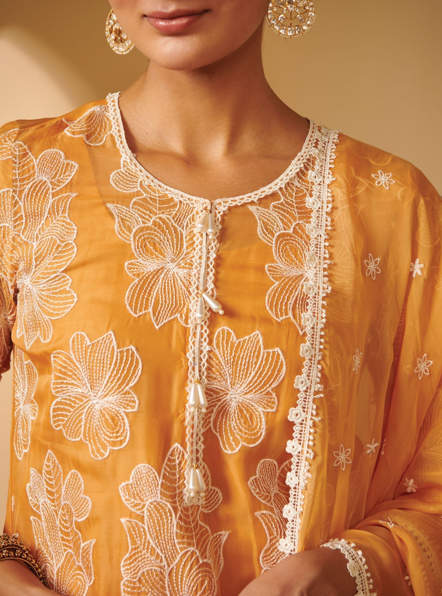 Mulmul Organza Sanemi Mango Kurta With Mulmul Pima Satin Sanemi Mango Dhoti Pant