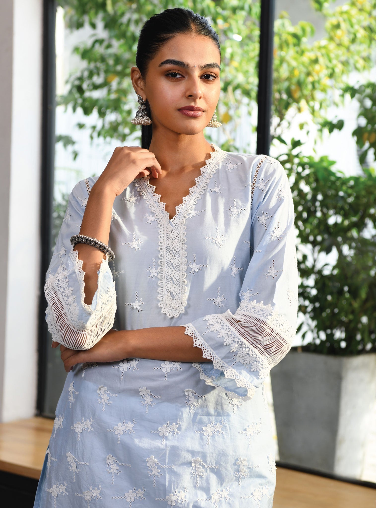 Mulmul Cotton Salisbury Blue Kurta With Multi Lace Slim White Pant