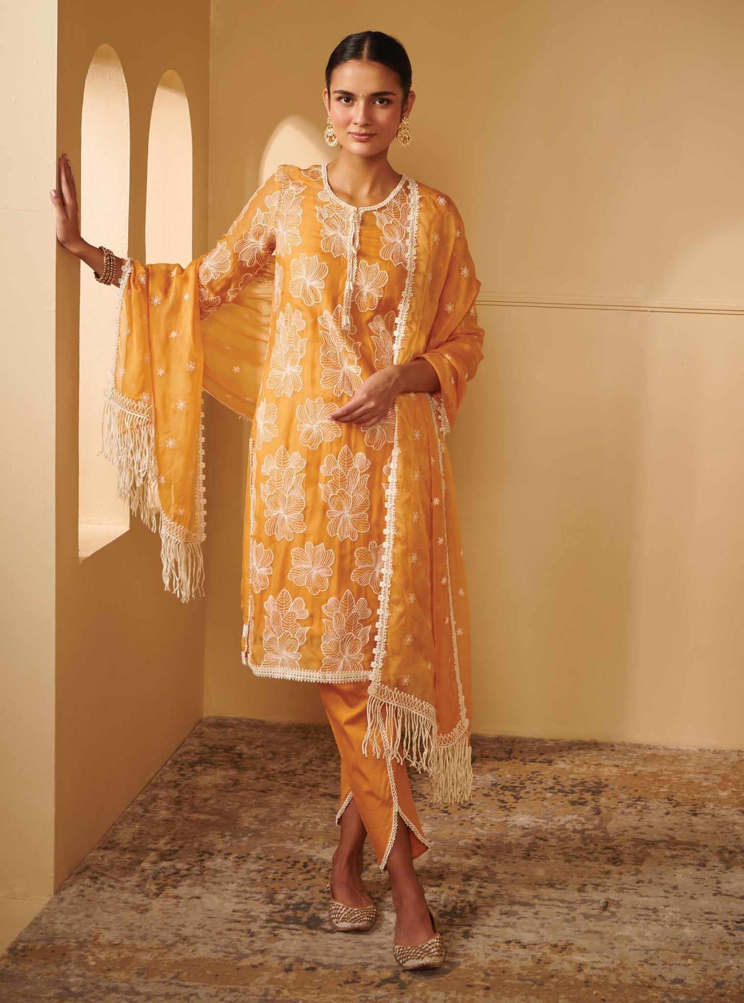 Mulmul Organza Sanemi Mango Kurta With Mulmul Pima Satin Sanemi Mango Dhoti Pant