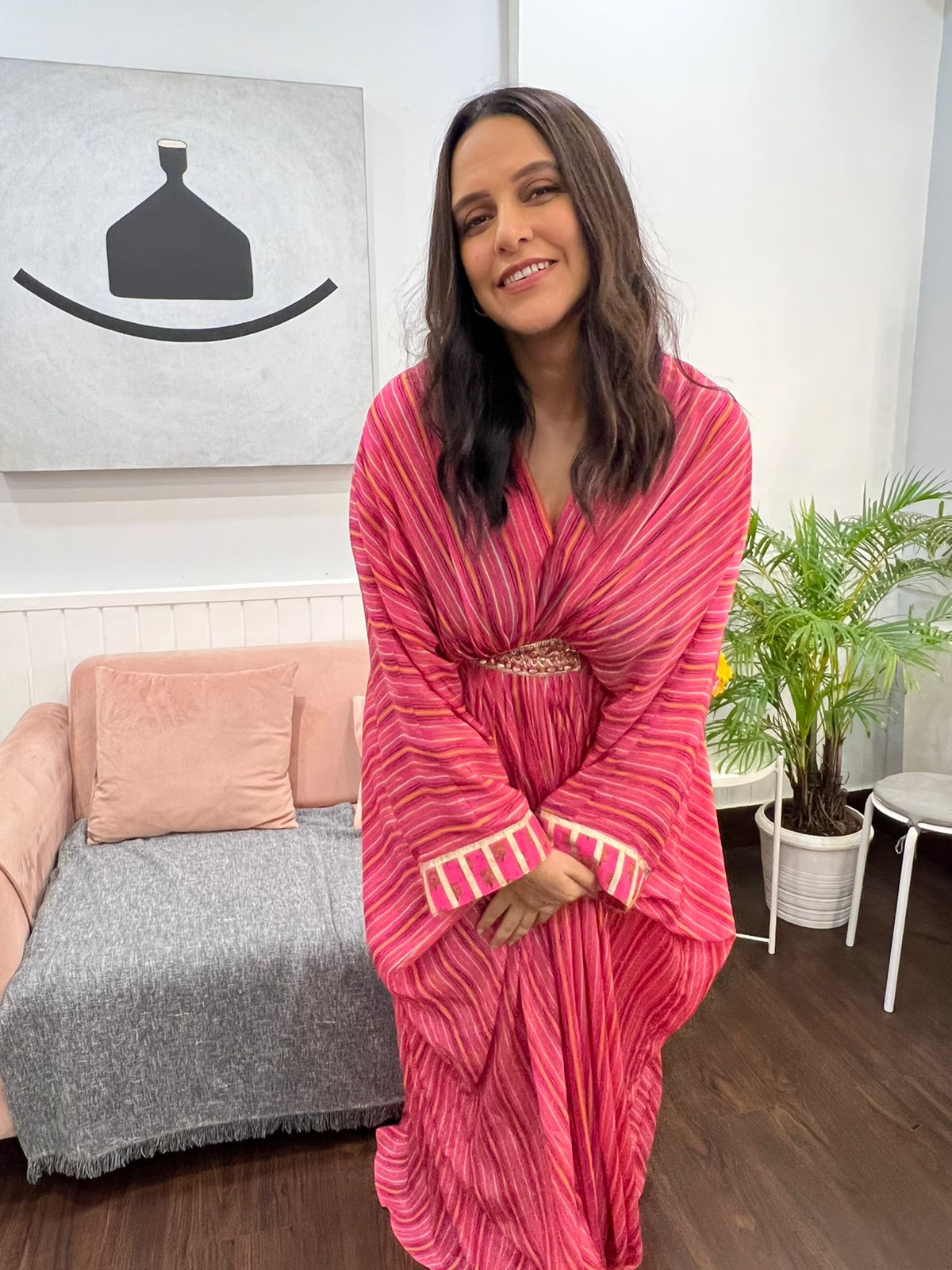 Neha Dhupia In Marigold Buti Kaftan Dress