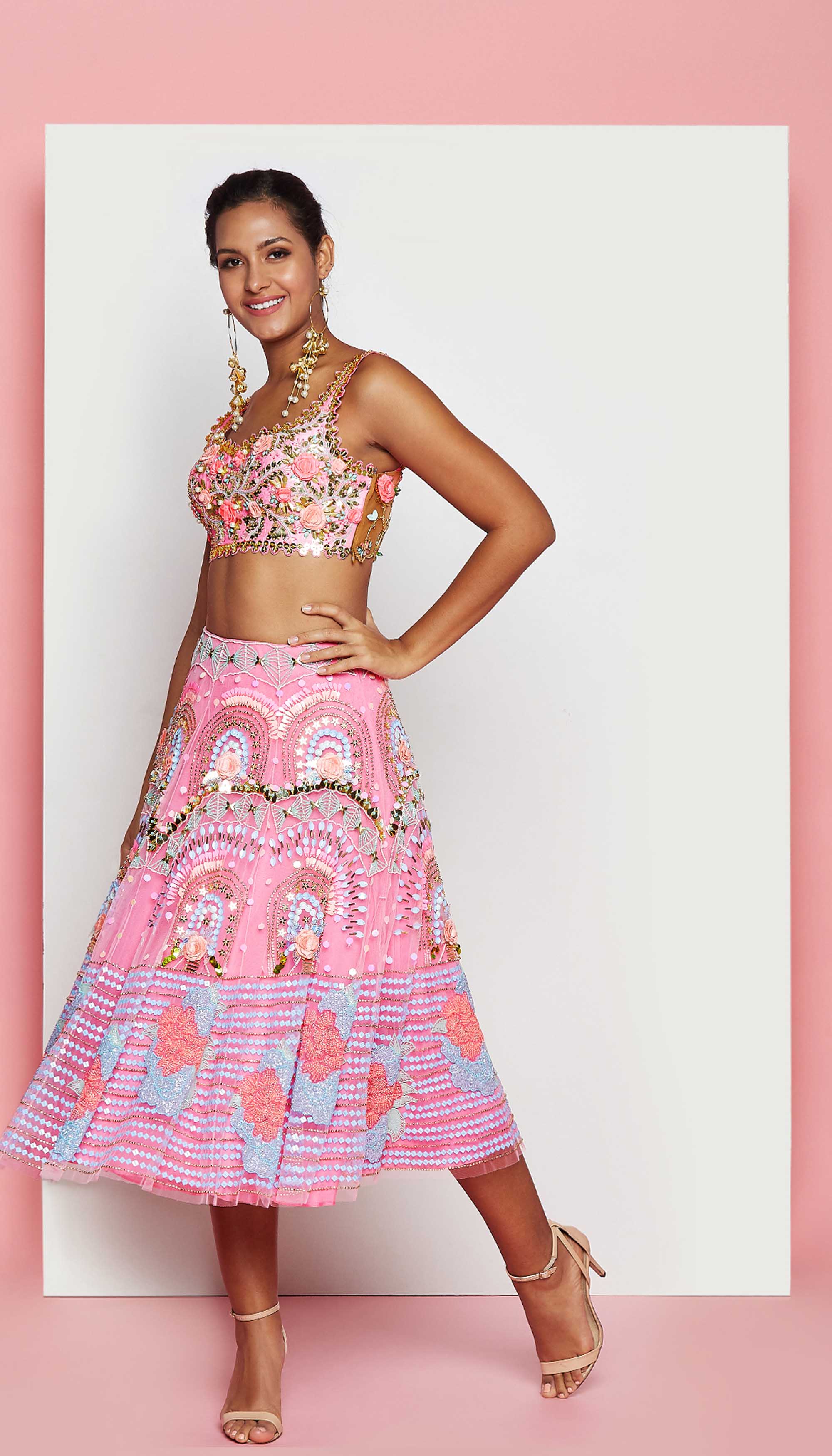 Aurora - Rose Pink Embellished Half Lehenga Set