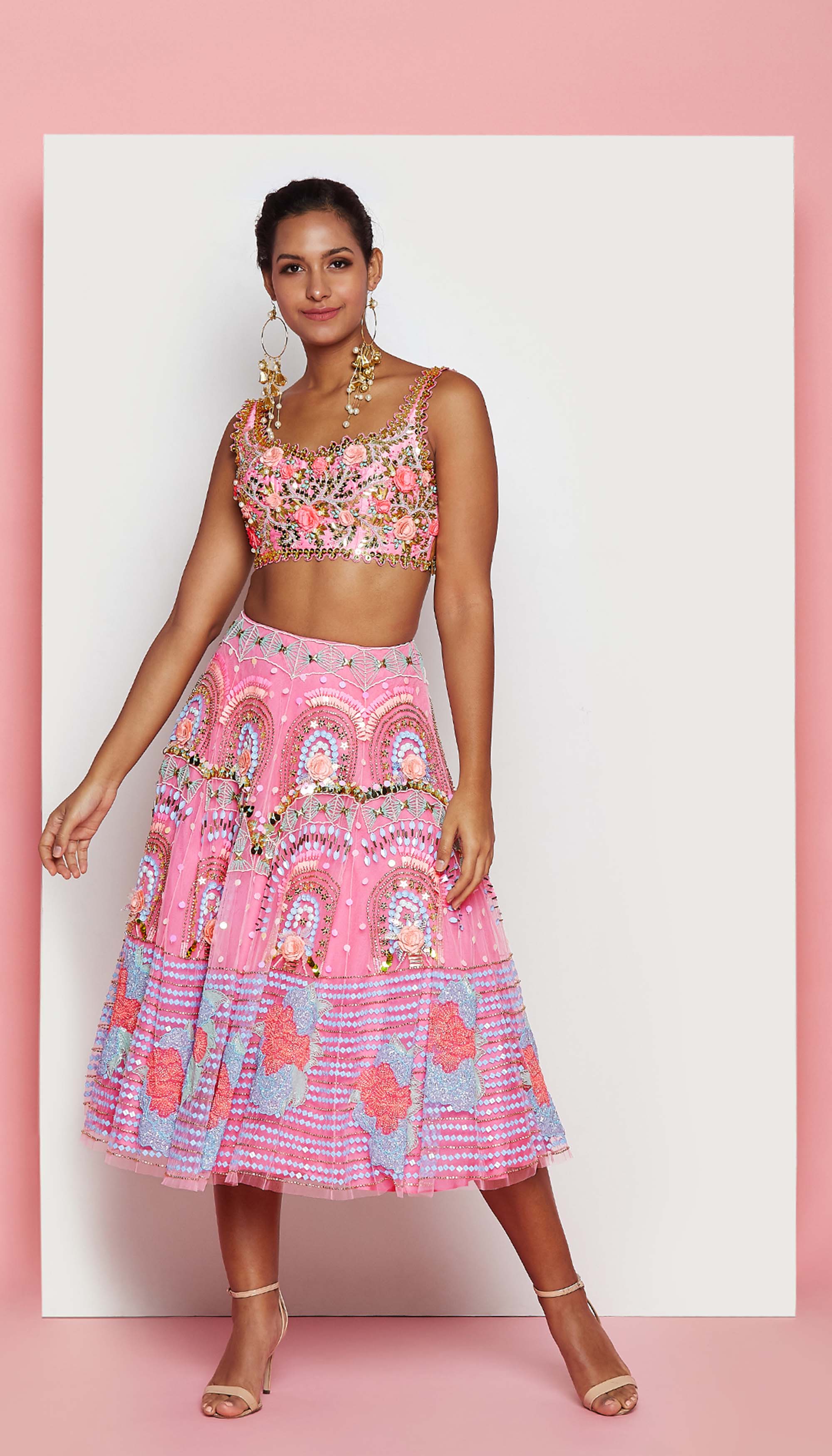 Aurora - Rose Pink Embellished Half Lehenga Set