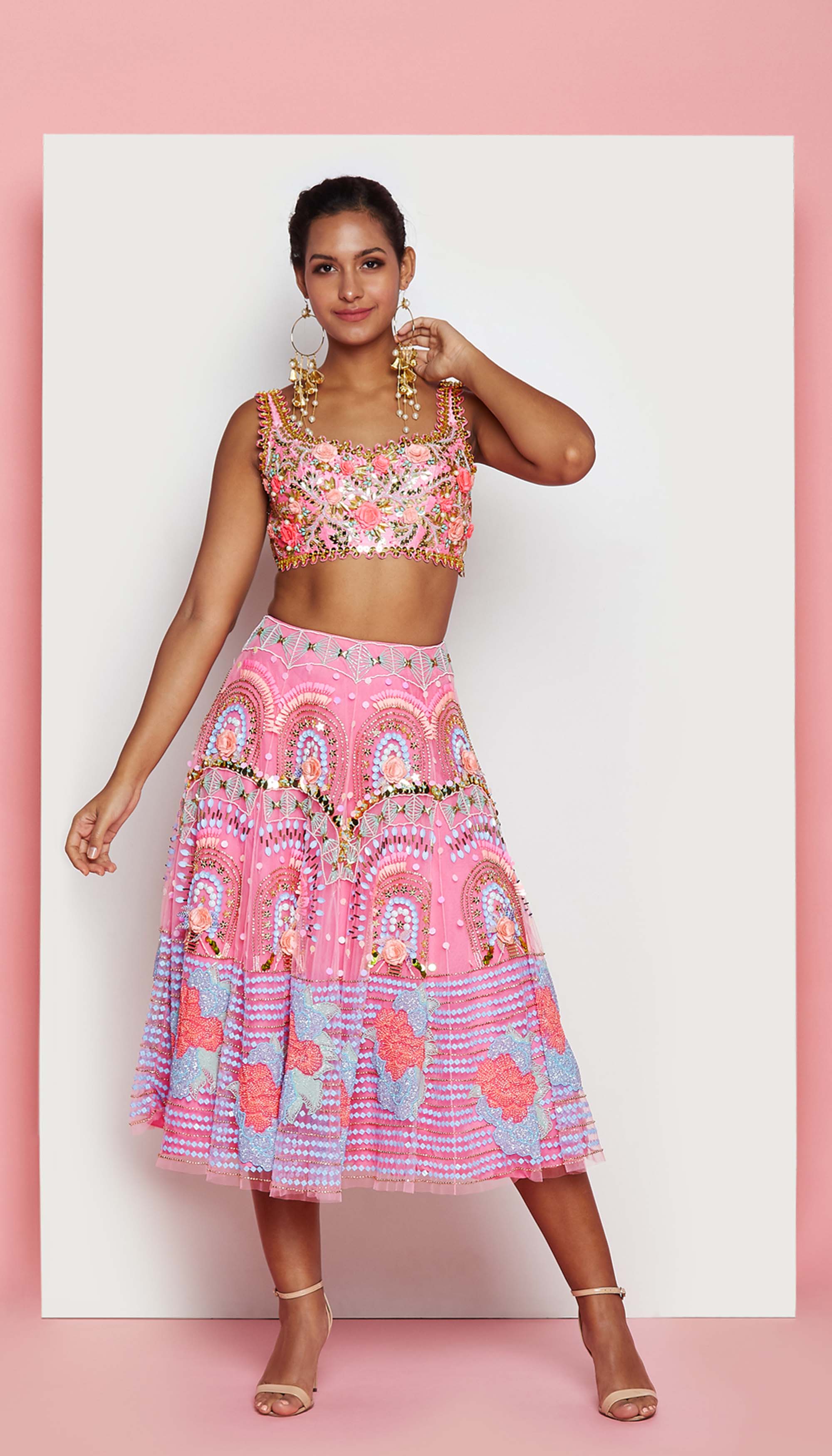 Aurora - Rose Pink Embellished Half Lehenga Set